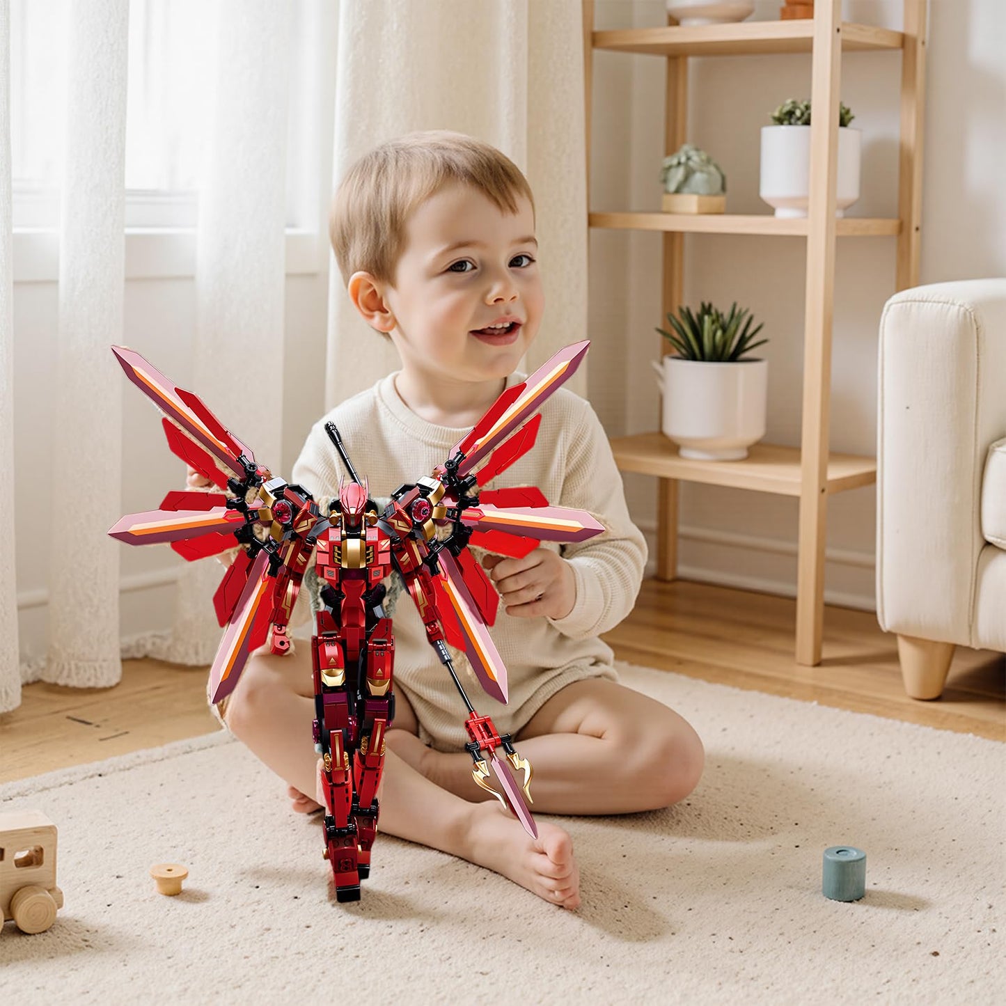 LQPFBSM Red Mecha Building Set – 511-Piece Winged Robot with Halberd
