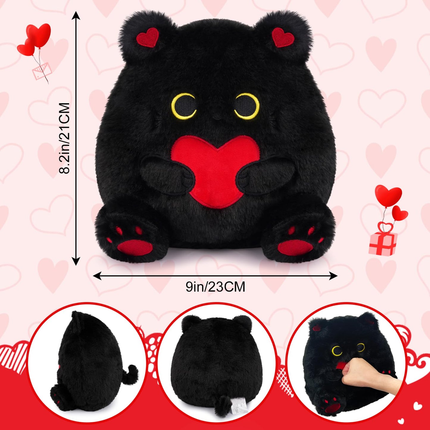 LSYDCARM Black Cat Plush 8-Inch with Red Heart – Valentine Gift