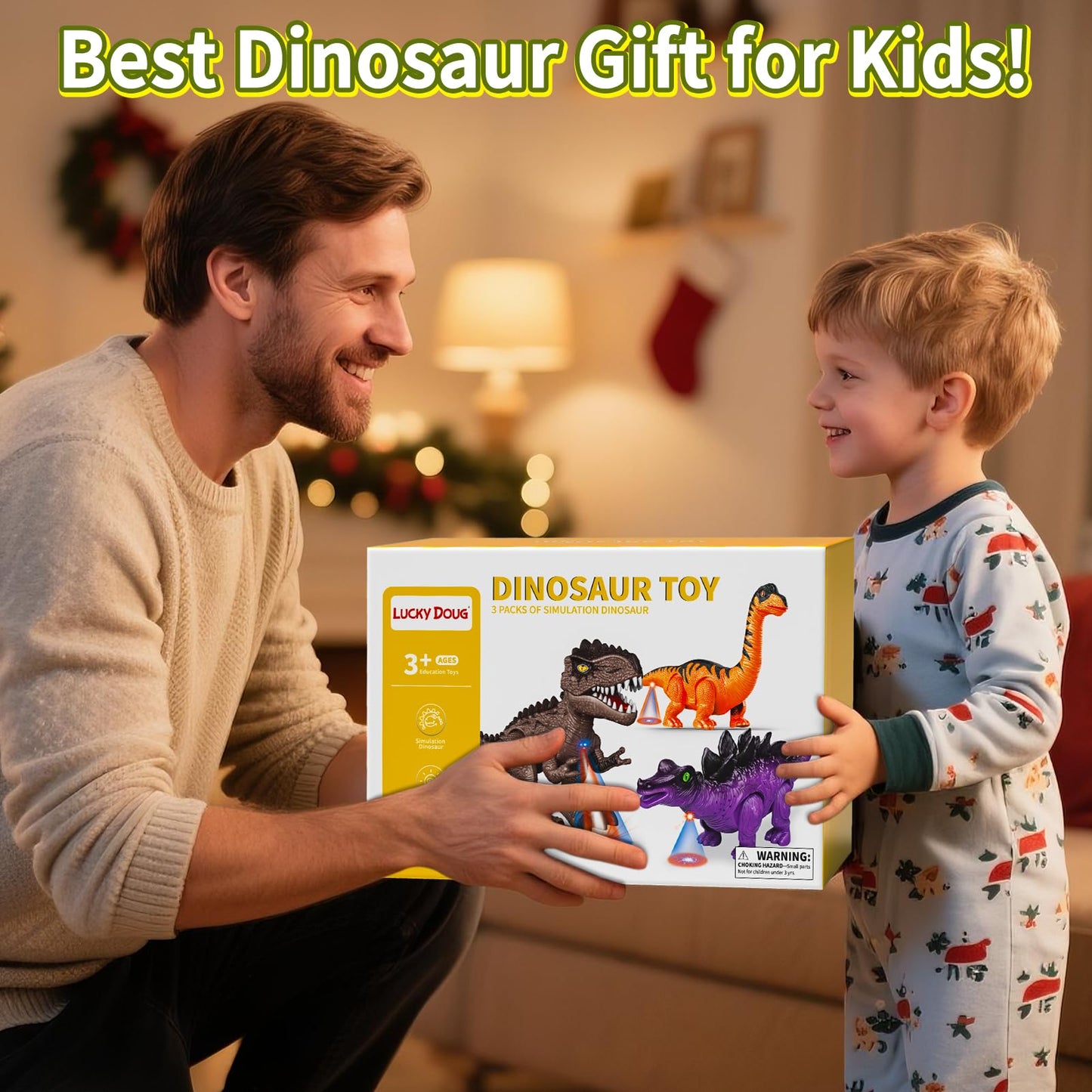 Lucky Doug 3 Pack Electric Realistic Dinosaur Toys with Simulated Sounds & Lights – Ideal Gift for Ages 3-5