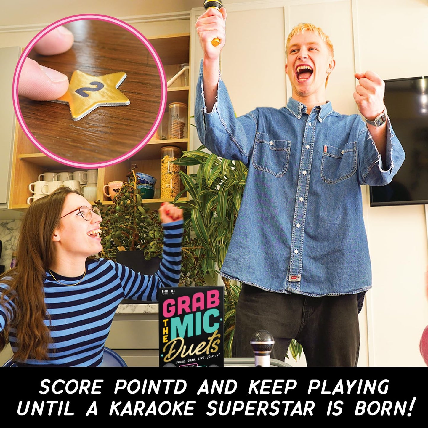 Lucky Egg Grab The Mic Duets – Family Karaoke Board Game with 2 Mics (2–10 Players, 150 Cards, 300 Lyrics)