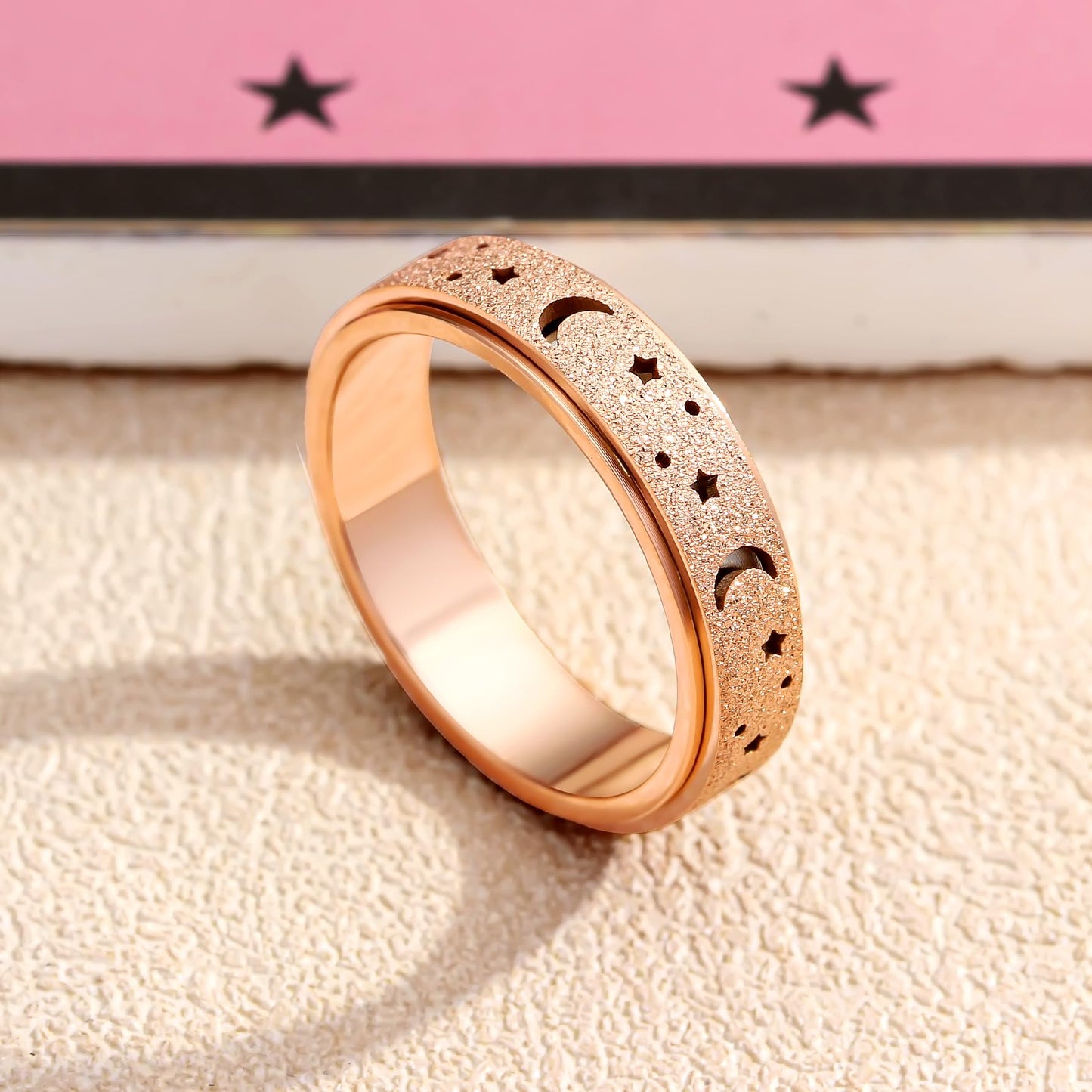 LuckyAmor Anxiety Ring - Moon & Star Spinner Ring in Stainless Steel (6mm), Sizes 6-10
