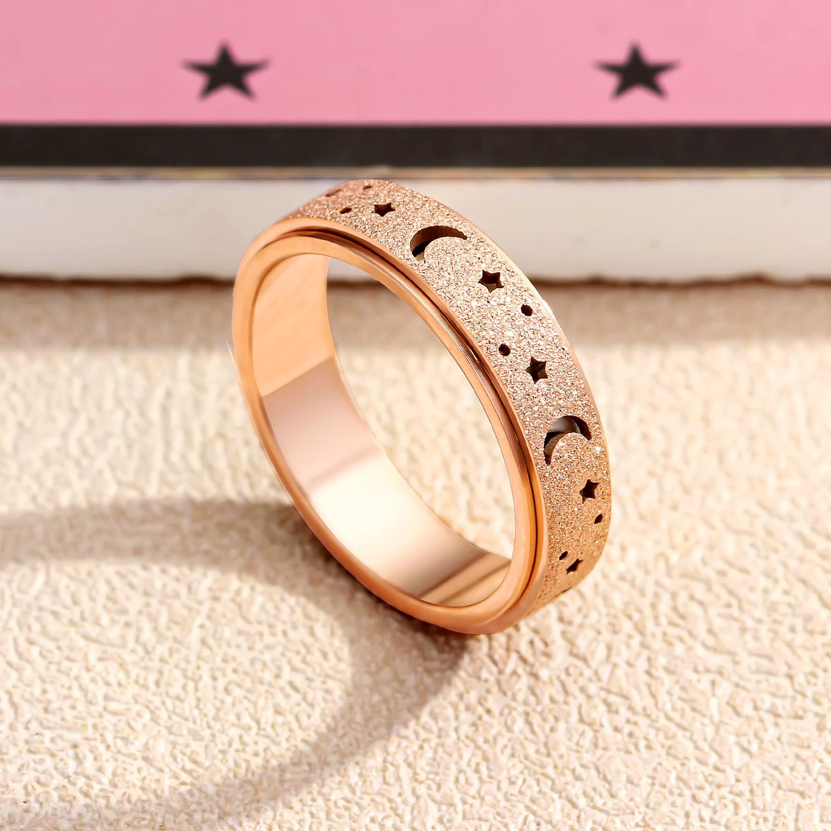 LuckyAmor Anxiety Ring for Women — Moon & Star Spinner Ring, 6mm Stainless Steel