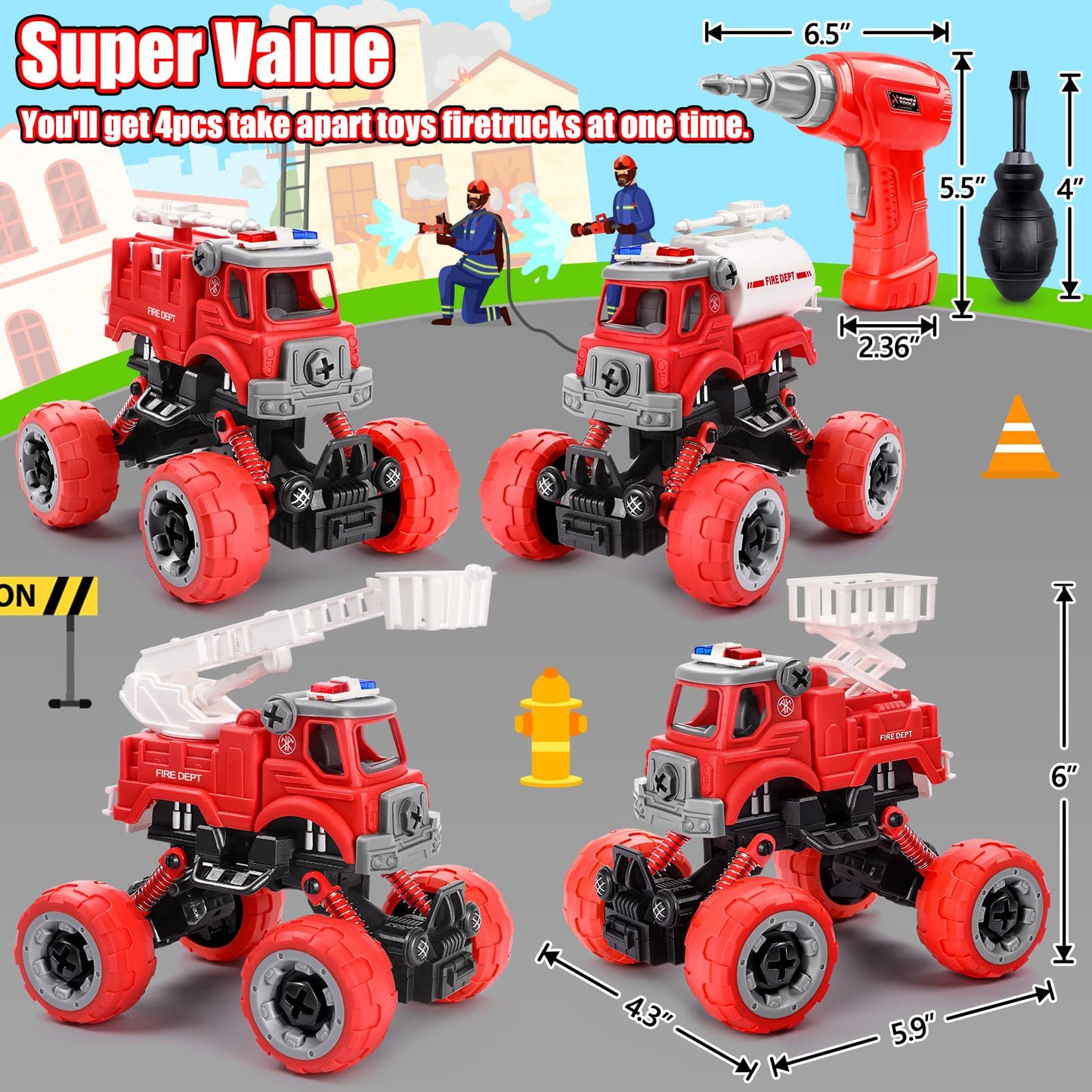 LUDILO 4Pcs Fire Truck Toys – Take Apart Set with Drill for 3-6 Year Olds