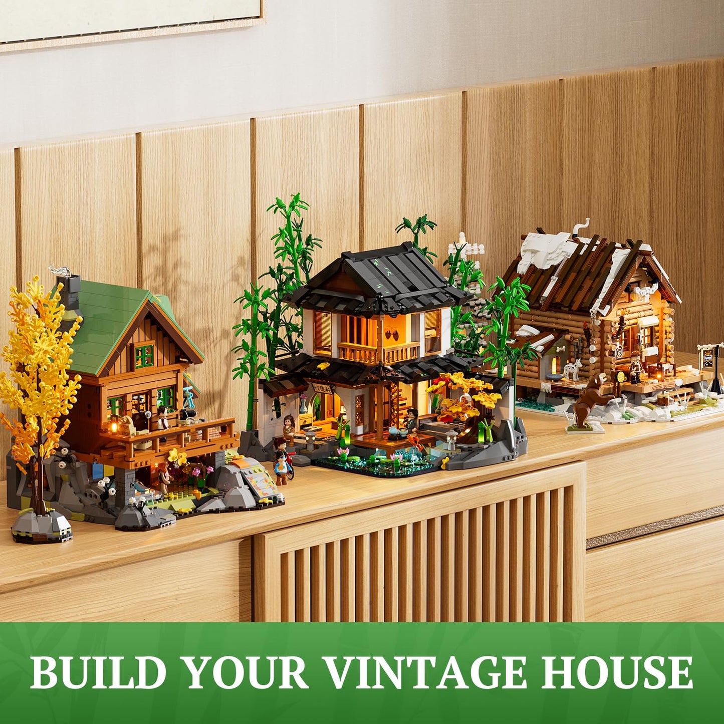 Lumibricks Bamboo-House Lighting Building-Bricks Set | Retro Chinese Cabin & Treehouse LED Kit (2432 pcs)