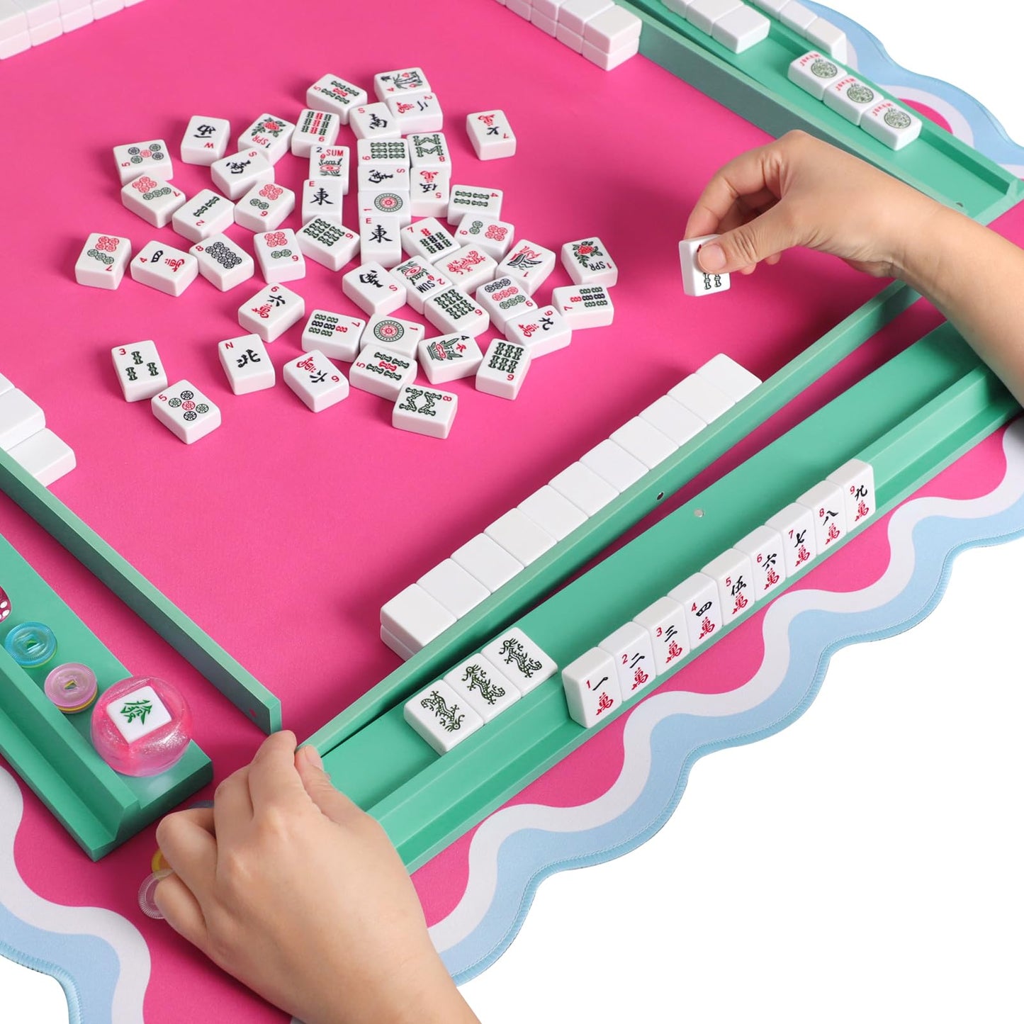 LUMIVIA Mahjong Racks with Pushers – Light Green Wood, Set of 4 + Drawstring Bag