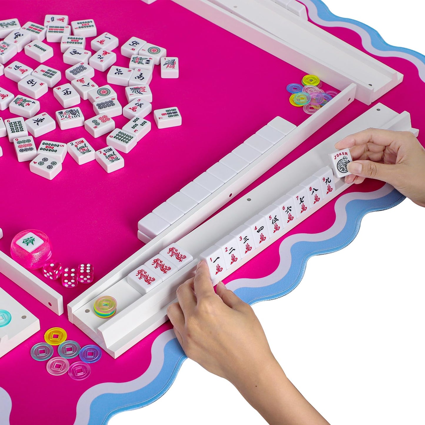 LUMIVIA Mahjong Racks with Pushers – White Wood Racks Set of 4 + Drawstring Bag