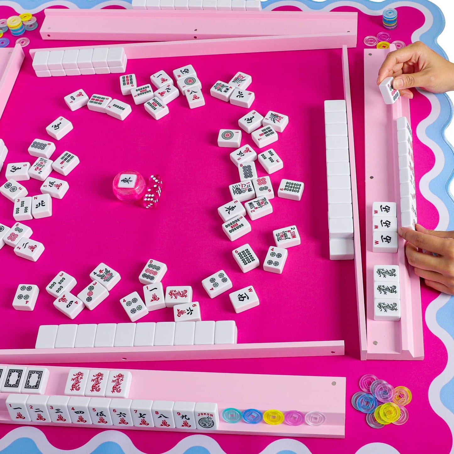LUMIVIA Mahjong Racks with Pushers — Pink Wood Set of 4 + Drawstring Bag