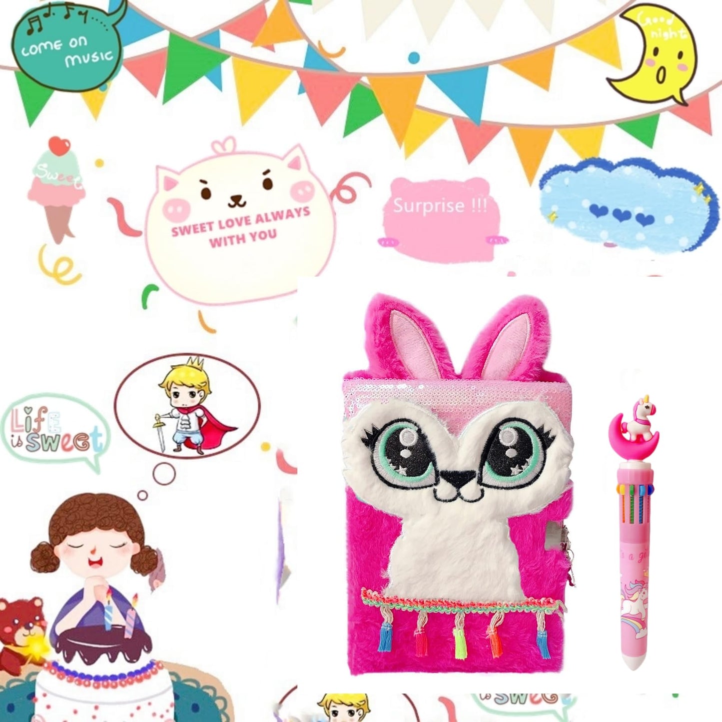 Luolizon Plush Bunny Diary for Girls with Lock – A5 Journal Gift Set with Multicolored Pen (Red)