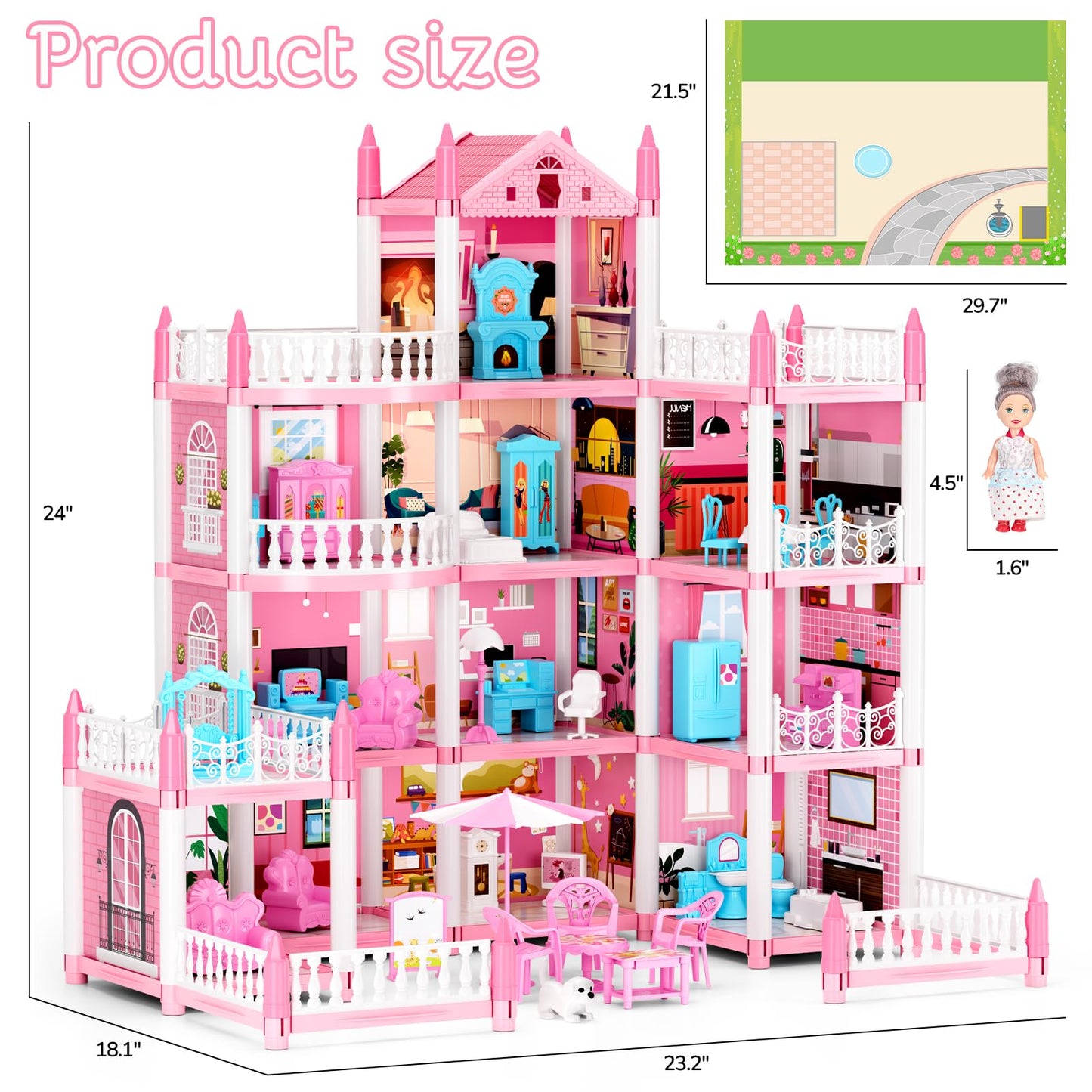 LUYE 4 Stories Doll House for Girls – 11 Rooms, Lights, DIY 4-Story Playset (Ages 6+)