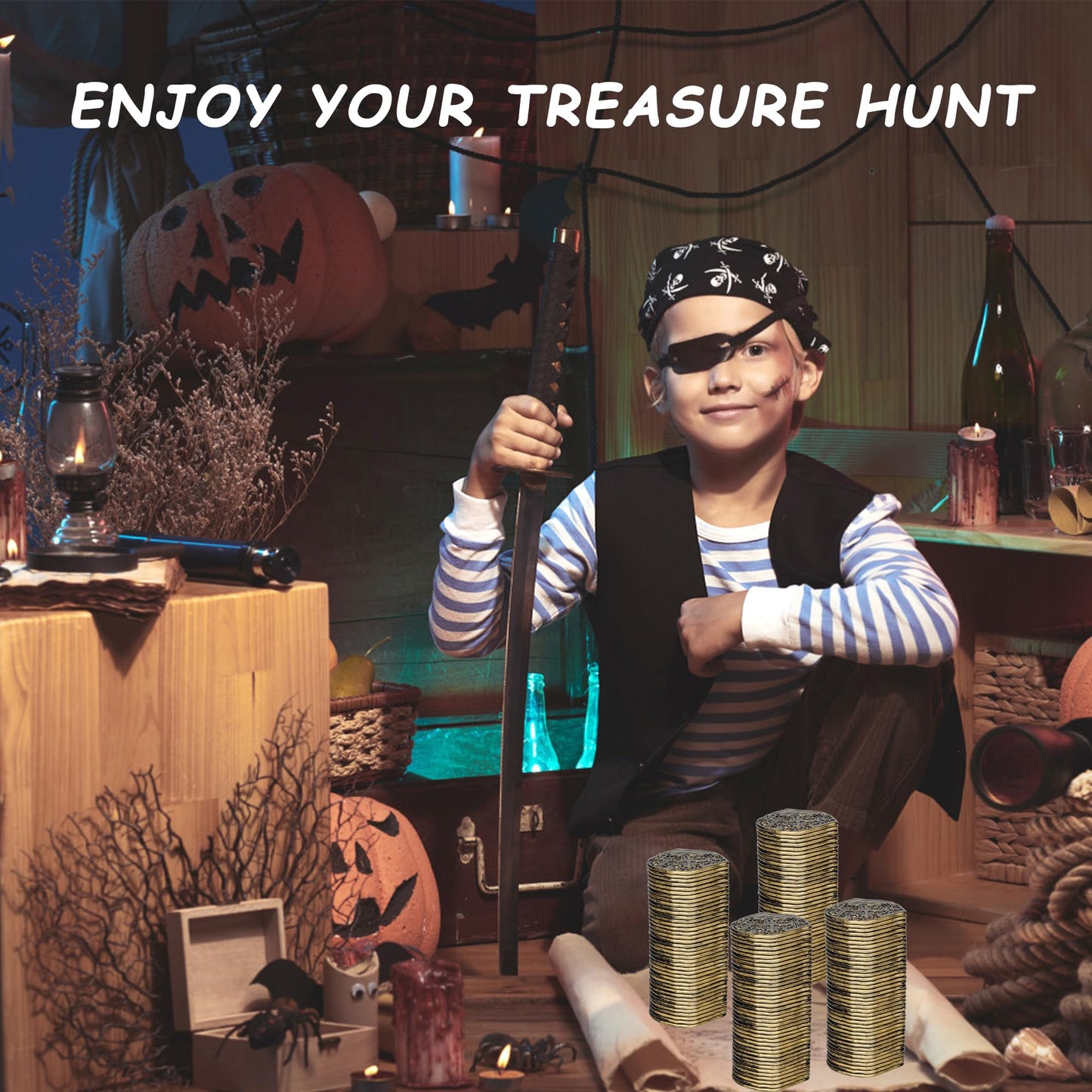 LVYOUIF 100 Pcs Pirate Bronze Plastic Treasure Coins – Kids Pirate Party Set