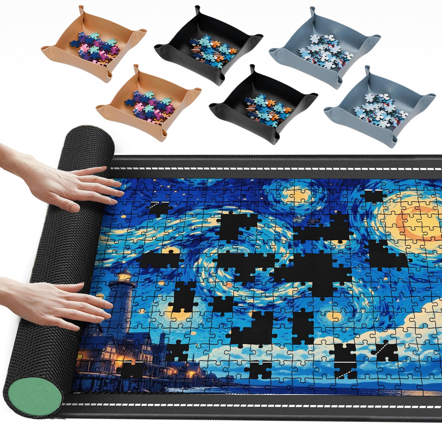 Lwoeo Jigsaw Puzzle Mat Roll Up – No Creases, 53.3” x 35”, 6 Sorting Trays, Storage Bag