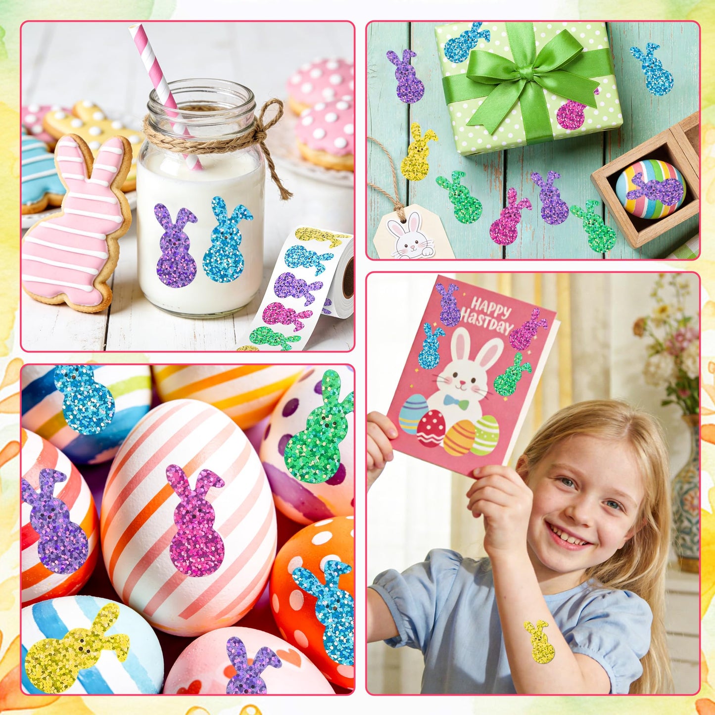 Lxzyu 500 Pcs Bling Sparkly Easter Bunny Stickers – 1.5 x 0.8 in, 5 Colors, Self-Adhesive, Waterproof