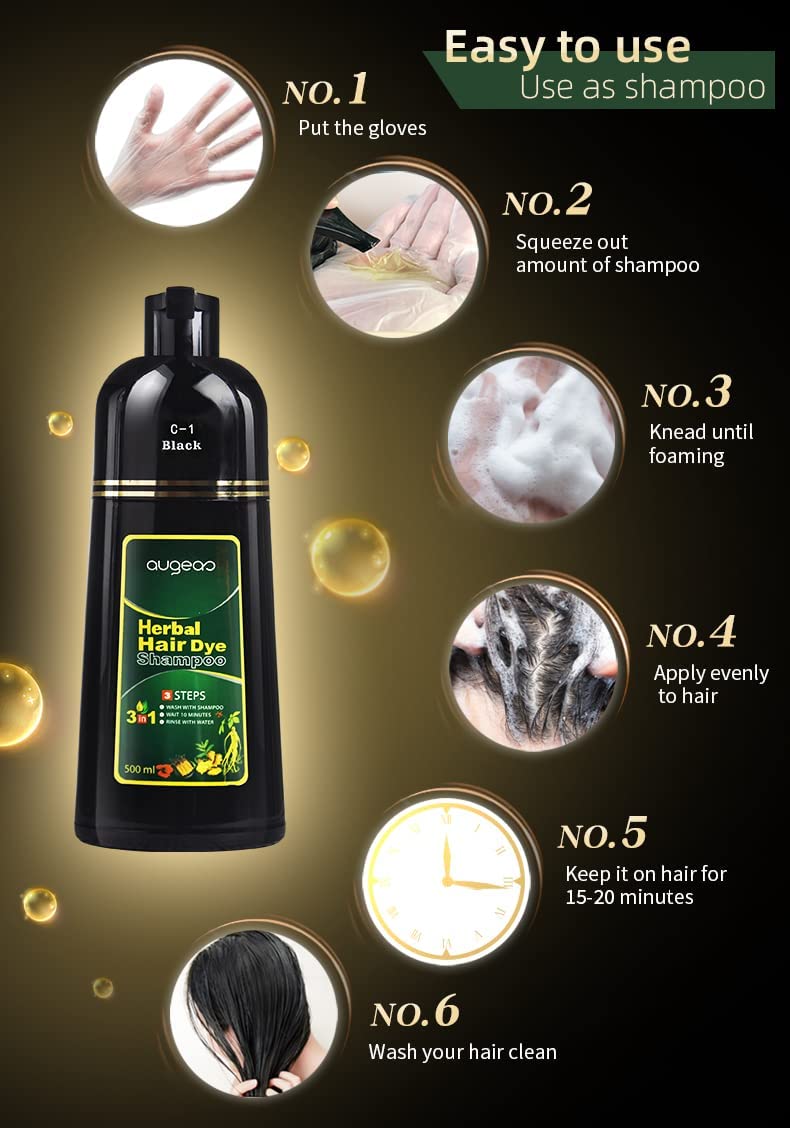 lymznus Natural Black Hair Color Shampoo for Gray Coverage - 3-in-1 Herbal Dye, 500ml
