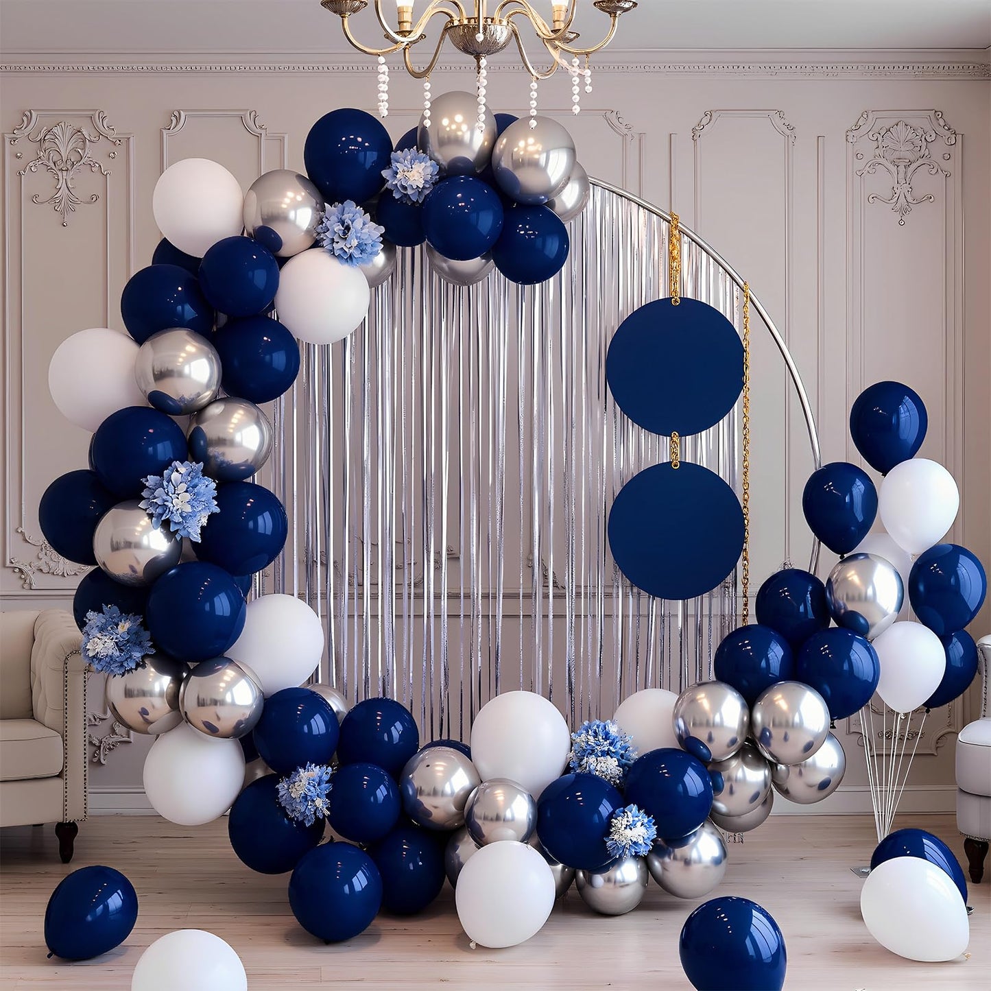 LYNSP Navy Blue White & Silver Balloons 100 Pack – 12 Inch Latex Party Balloons for Graduation, Birthday, Wedding