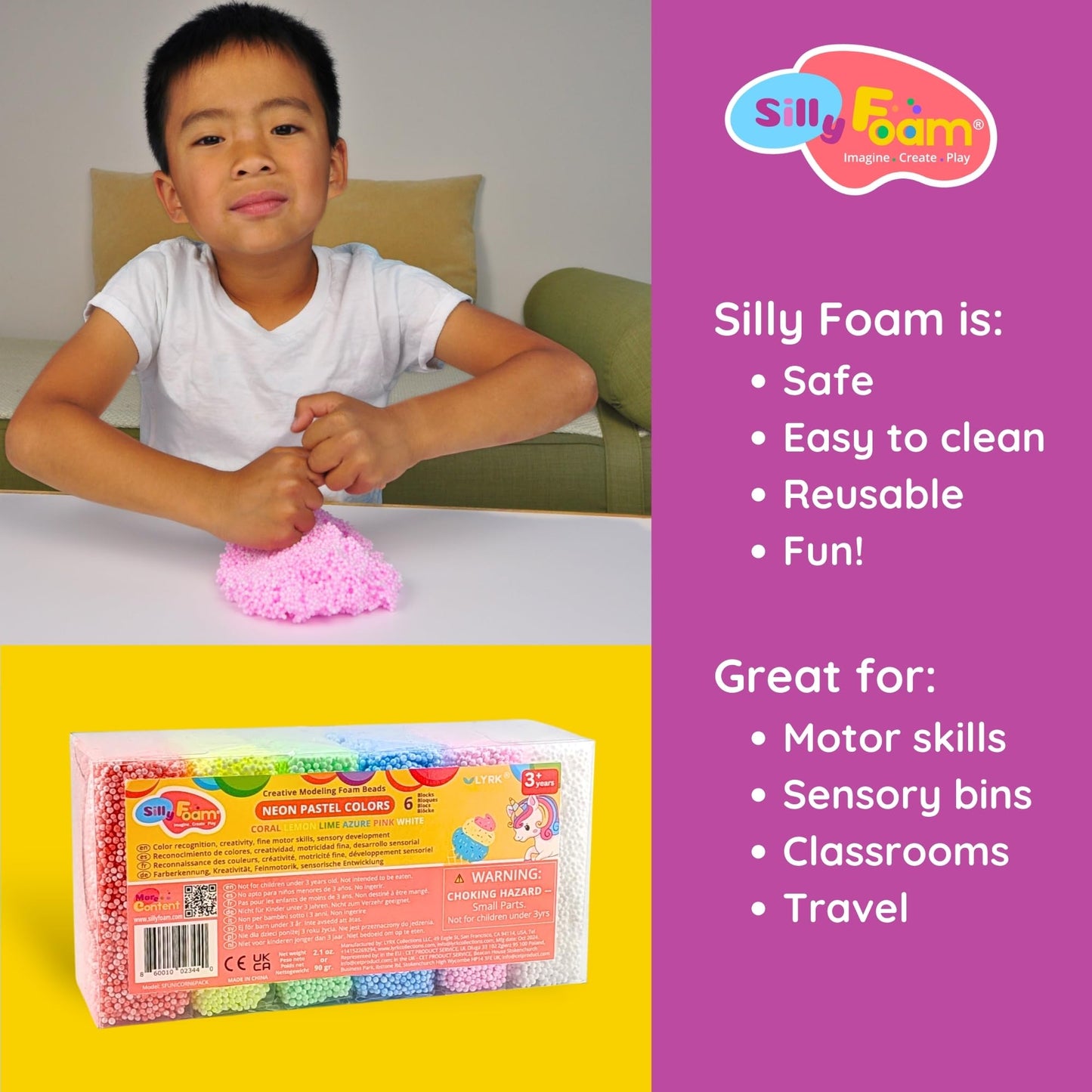 LYRK Collections Silly Foam Beads – 2-Pack, 12-Color No-Mess Modeling Beads for Kids (Ages 3+)
