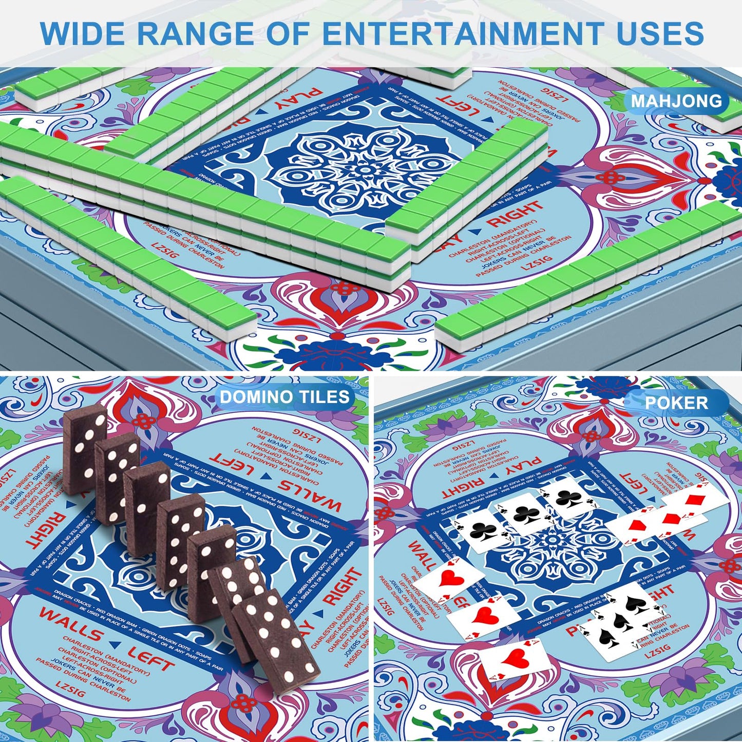 LZSIG Mahjong Table Mat 33x33 - 3mm Anti-Slip, Noise-Reducing with Carry Bag | For Mahjong, Poker & Board Games - Blue