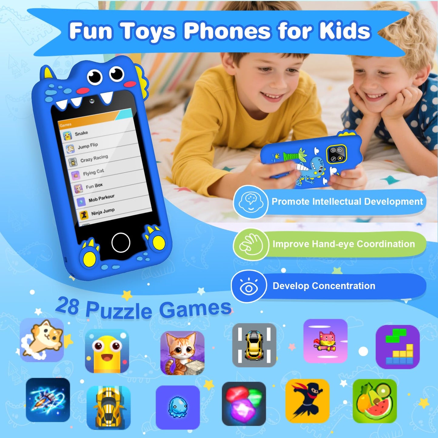 M SANMERSEN Dinosaur Kids Smartphone for Ages 3-6 | 2.8” Touchscreen, 28 Games, Dual Camera, 32GB Card