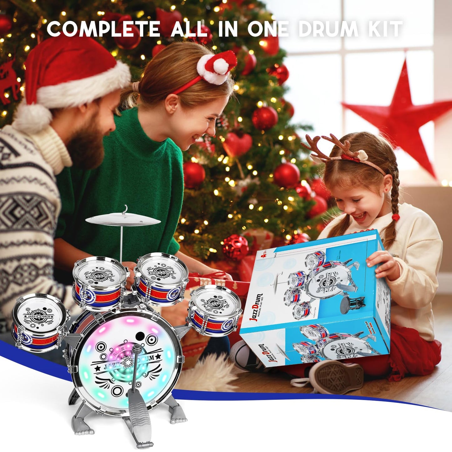 M SANMERSEN Kids Drum Set for Toddlers 1–3 — Light-Up 5-Piece Beginner Kit