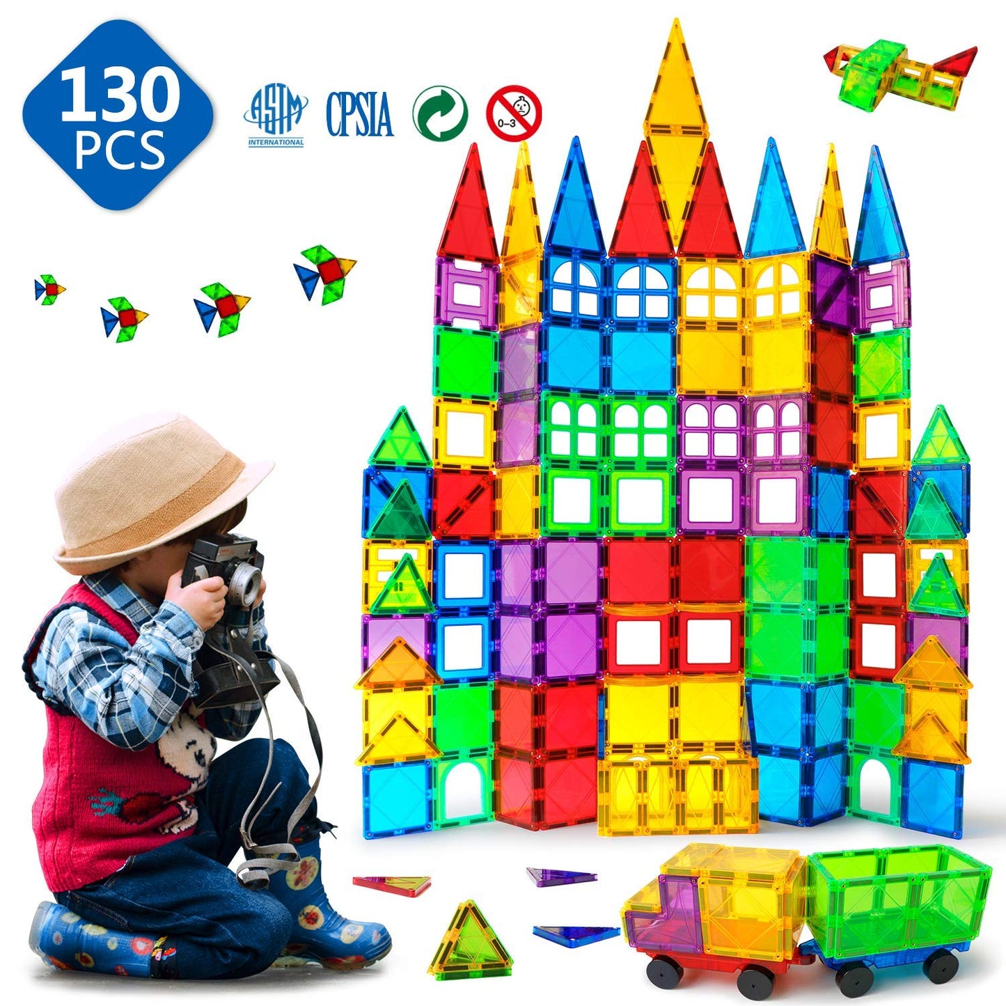 MAGBLOCK Magnetic Tiles – 130-Piece Building Set for Kids Aged 4-8 | STEM Educational Toy