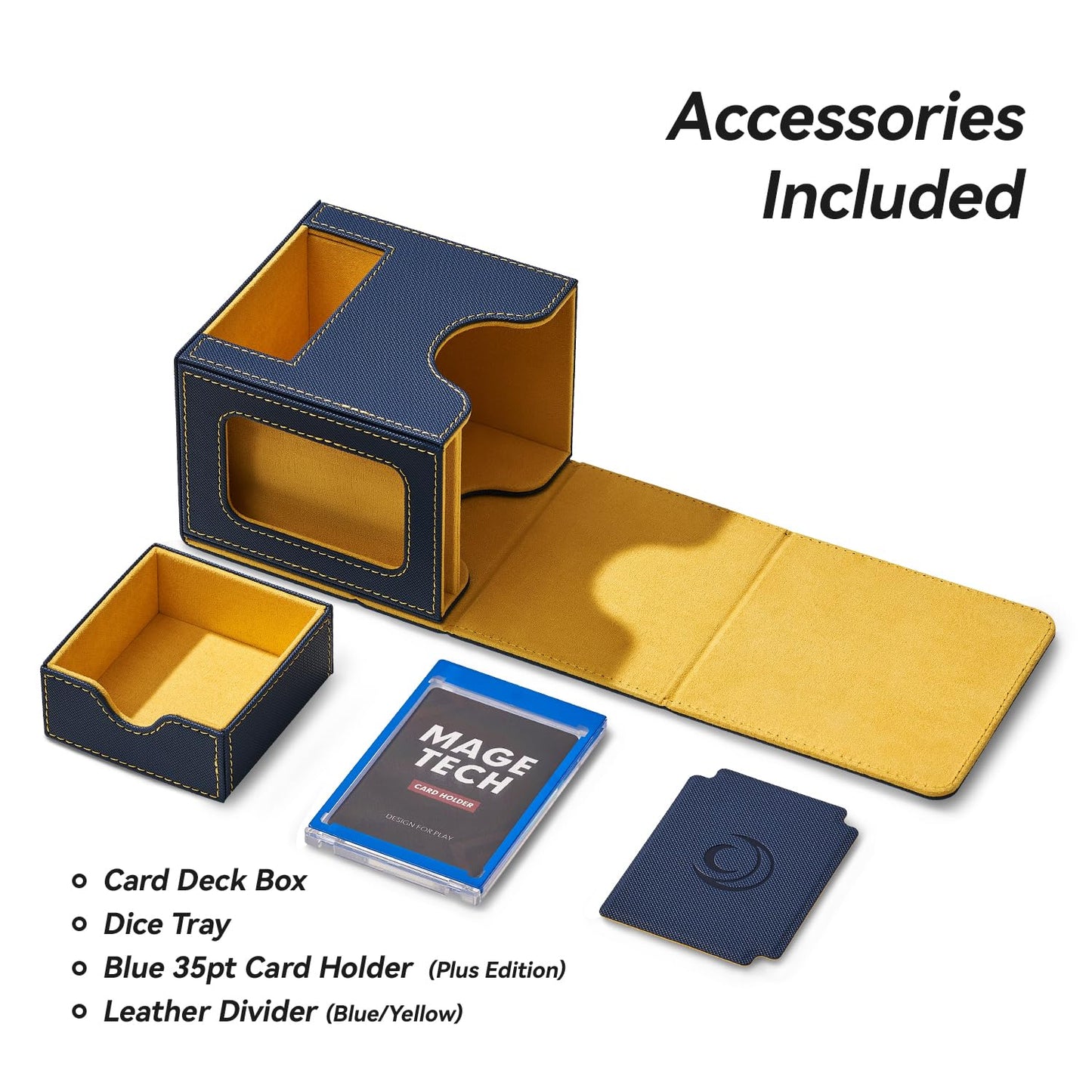 Mage Tech Card Deck Box for MTG Commander — Patented Design, Commander Display, 100 Double-Sleeved Cards, 50 Dice Tray (Blue/Yellow)