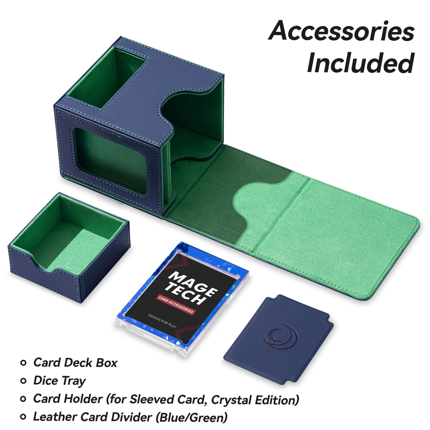 Mage Tech Card Deck Box for MTG Commander – Patented Design, 100 Double-Sleeved Cards, 35pt Card Brick & Dice Tray, Blue/Green