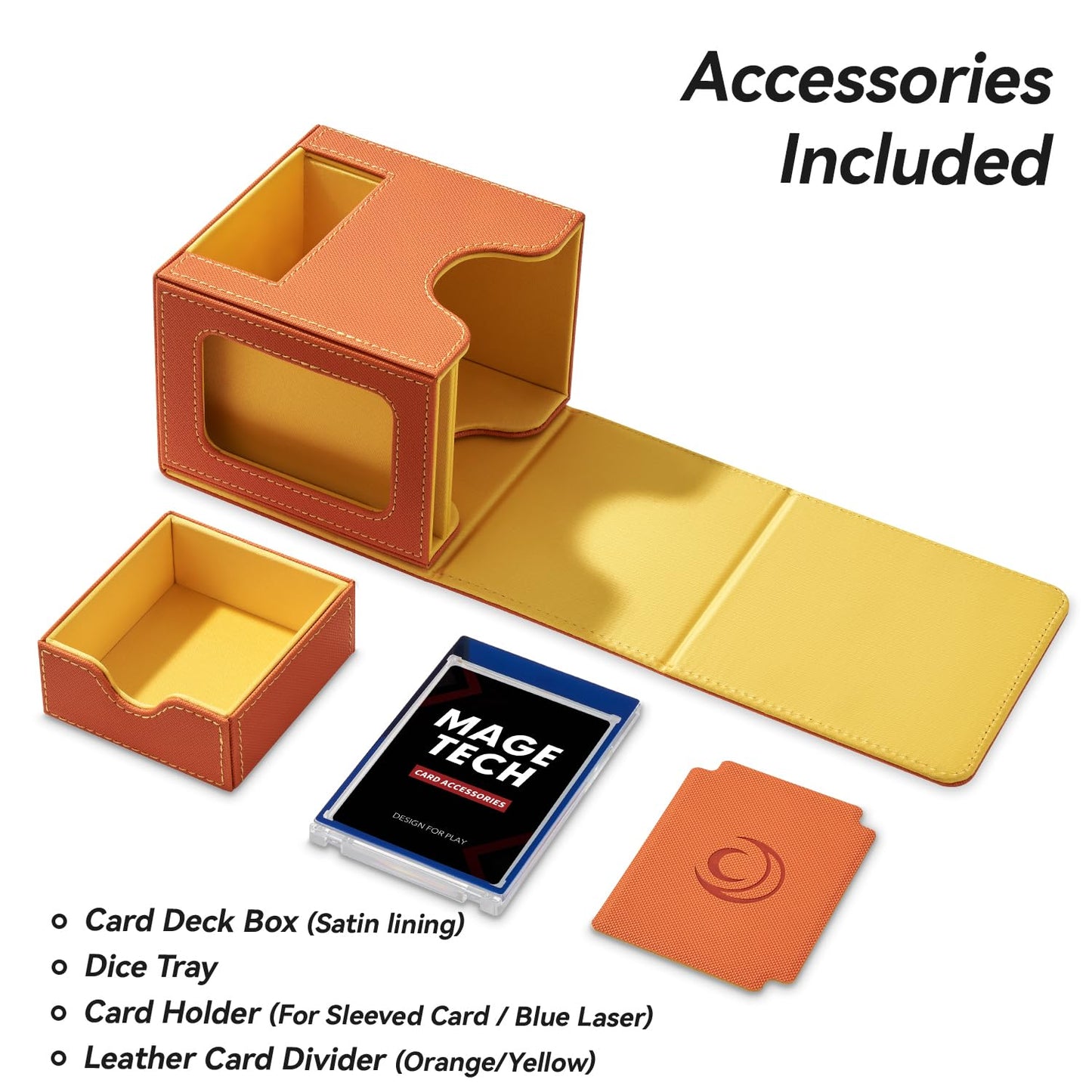 Mage Tech Card Deck Box for MTG Commander – 100 Double-Sleeved, 35pt Holder, Dice Tray, Magnetic Closure (Orange/Yellow)