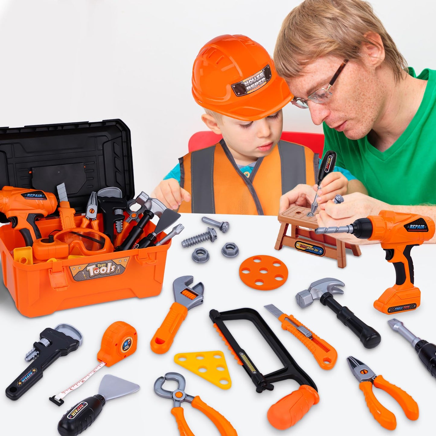 Magic4U 50PCS Kids Tool Set – Realistic Pretend Play Toolbox with Drill & Safety Gear