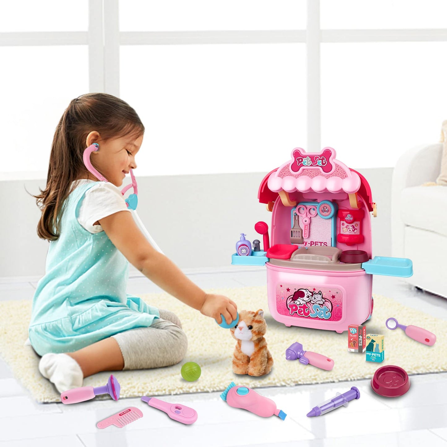 MAGIC4U Pet Cat Care Carrier & 29-Piece Vet Doctor Kit for Kids Aged 3-12