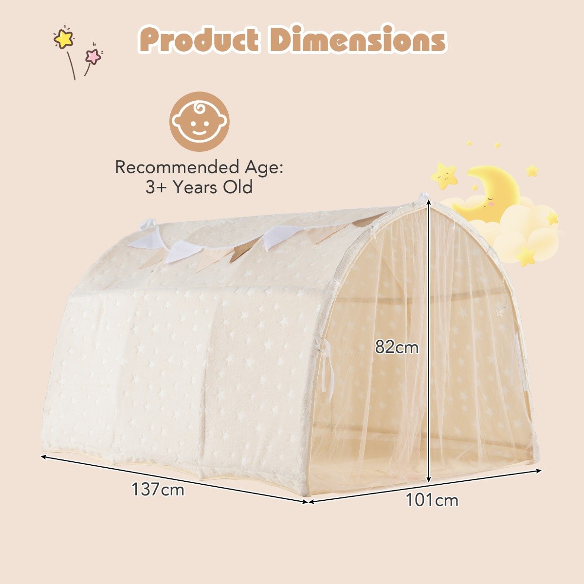 Magical Twin Bunk Bed Privacy Space with Glow in the Dark Stars-Beige