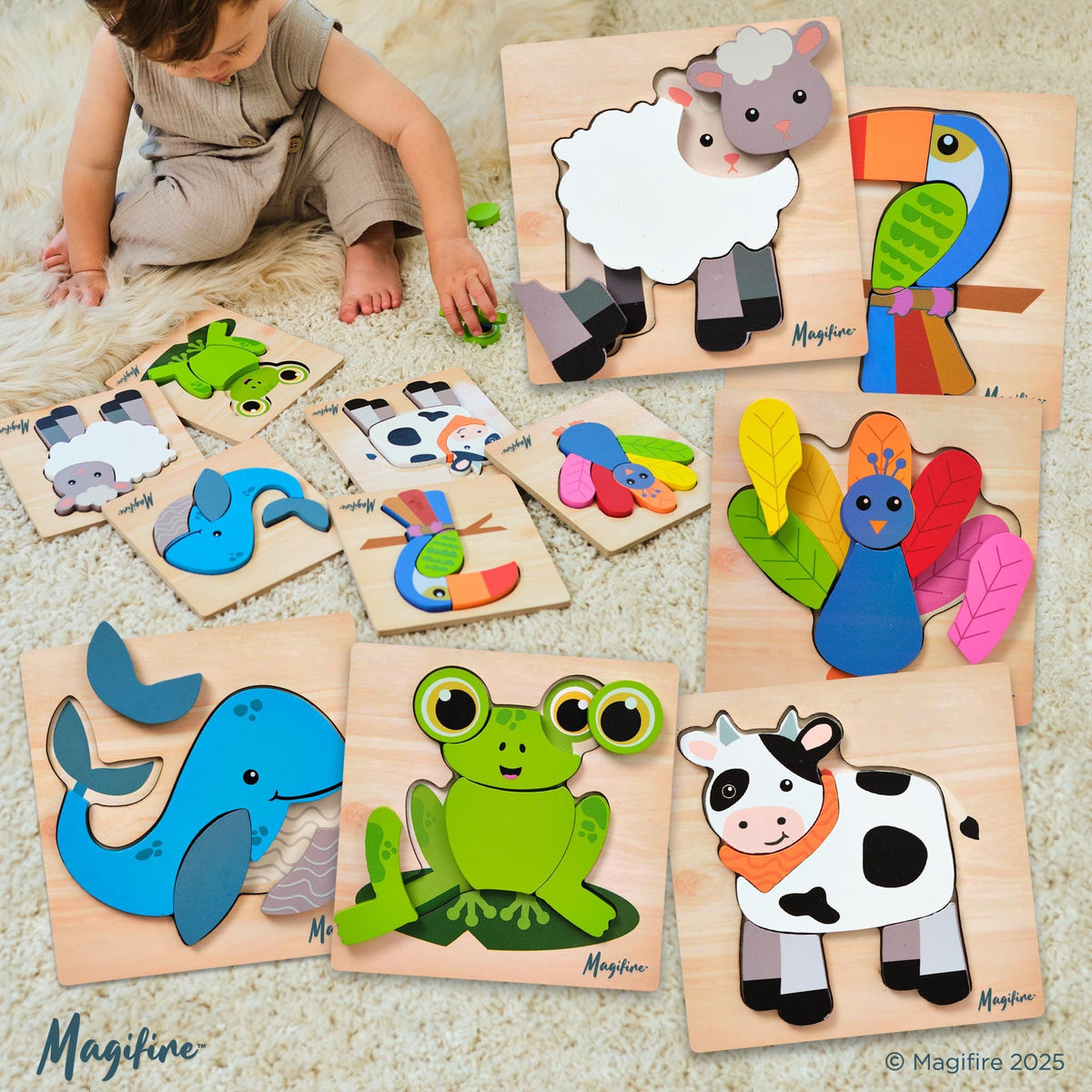 MAGIFIRE Wooden Puzzles Set of 6 for Toddlers – Chunky Pieces & Portable Bag