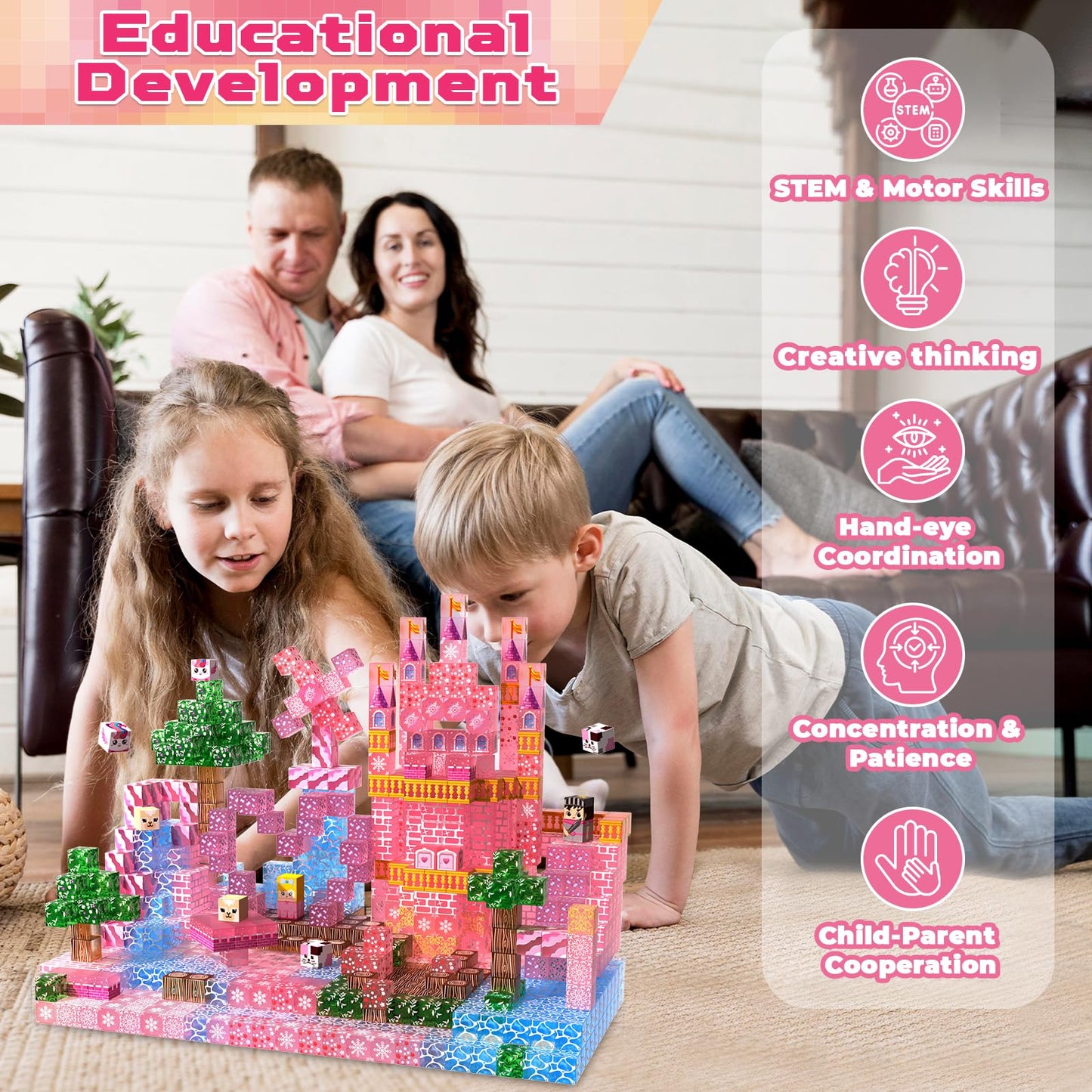 Magneverse Magnetic Blocks - 100 PCS Transparent Pink Castle for Kids