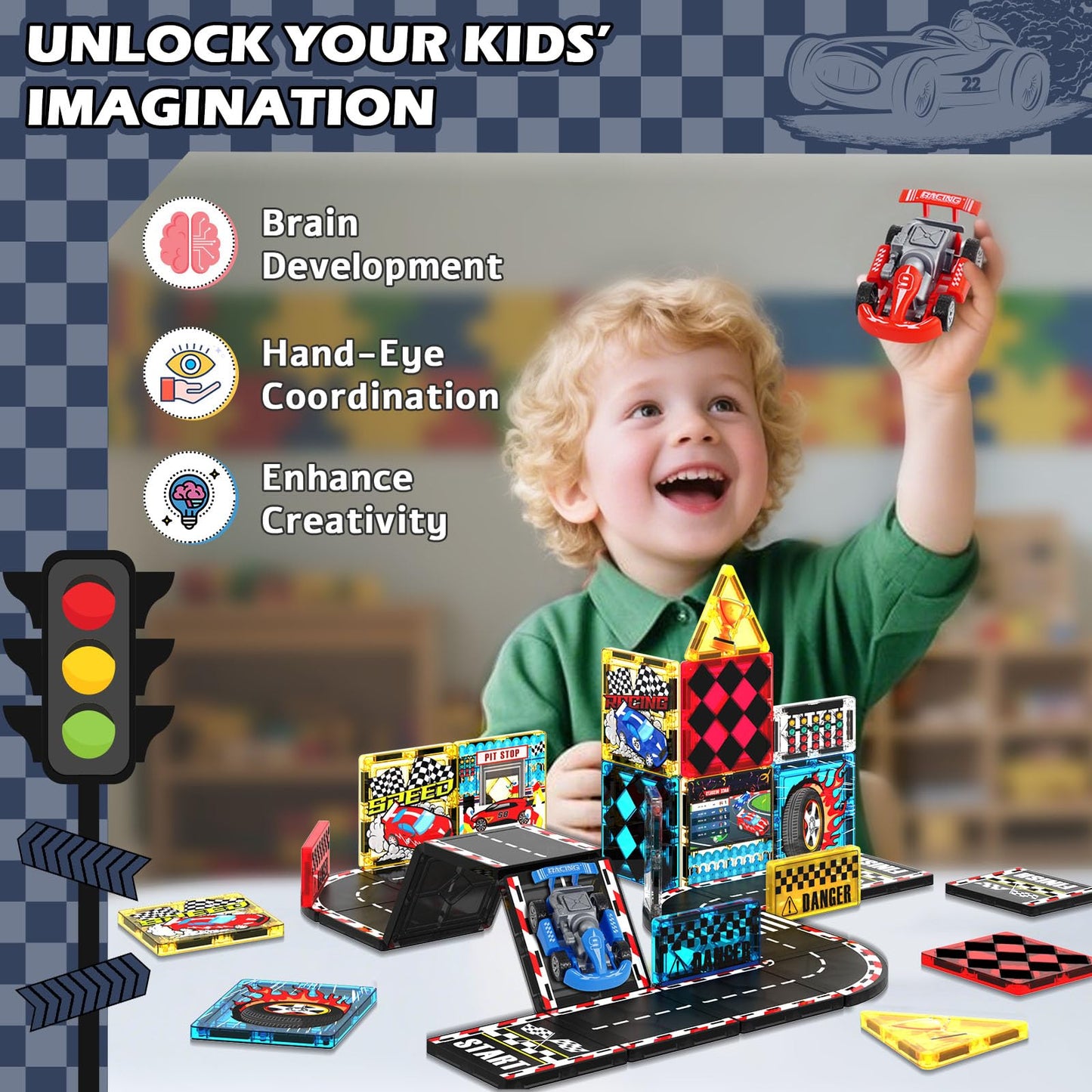 Magneverse Magnetic Tiles Road Set – Race Track with 2 Cars | STEM Toy for Kids 3+