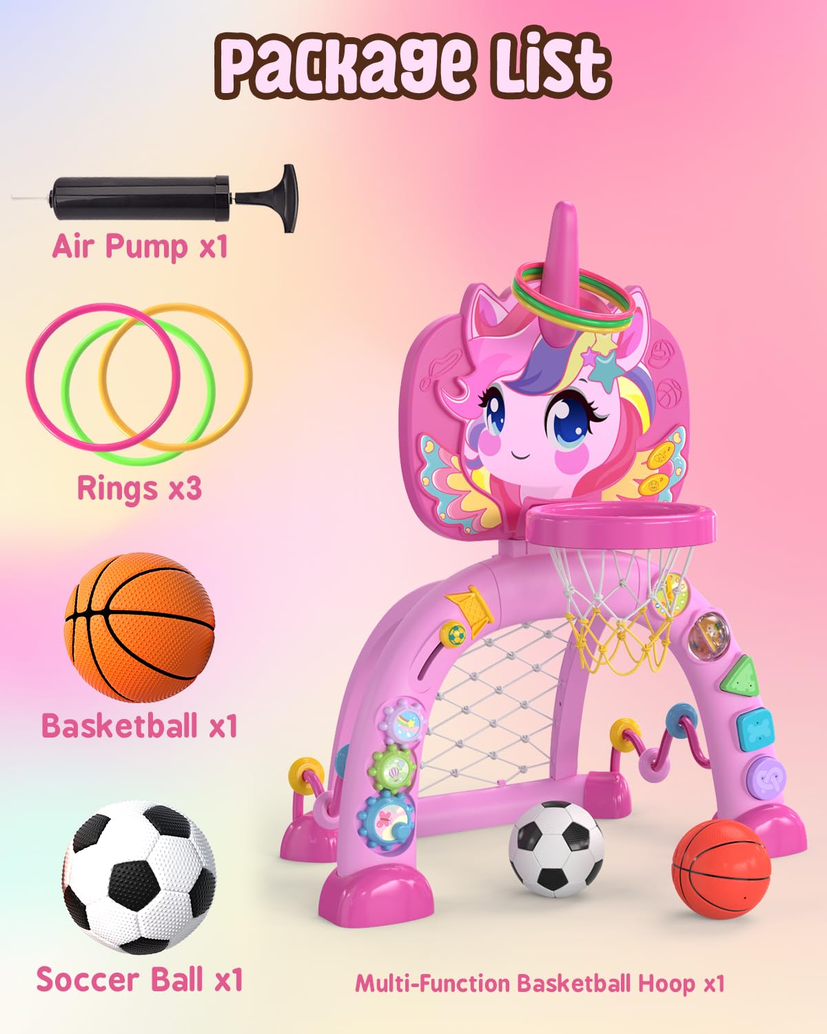 MAGTHIC Toddler 3-in-1 Unicorn Basketball Hoop & Soccer Goal – Lights, Sounds & Learning (Ages 12-18 Months)