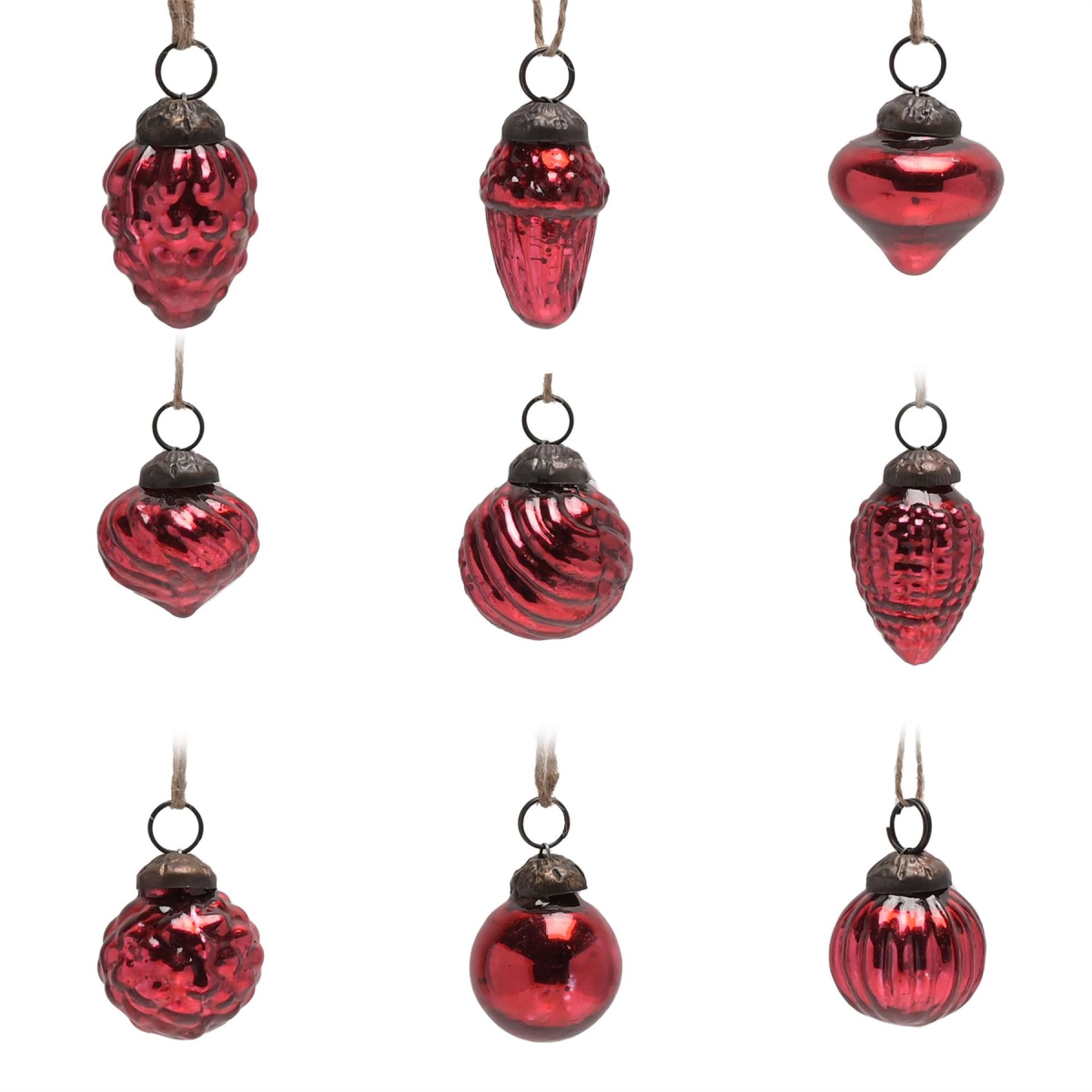 Set of 9 Mini Red Recycled Glass Baubles