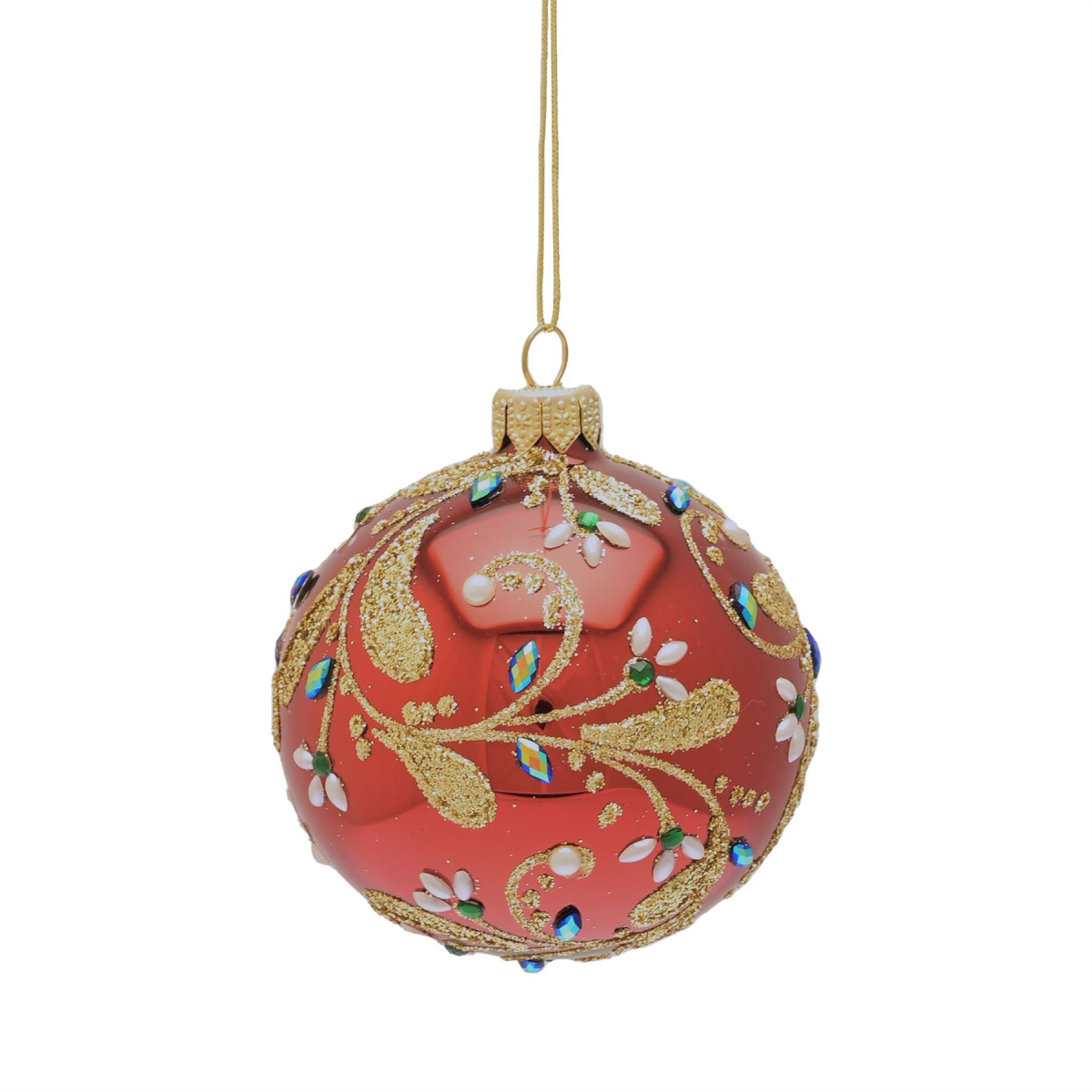 Hand Decorated Red Bauble Leaf Design