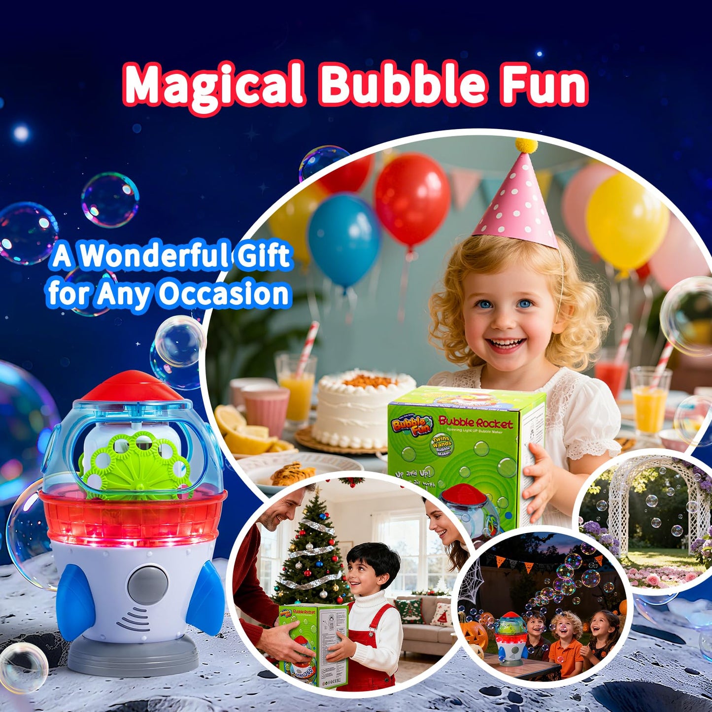 Rocket-Shaped Bubble Machine by MAKE KIDS SMILE BUBBLE FUN | 360° Rotation, Dual Outlets, LED Lights & Music