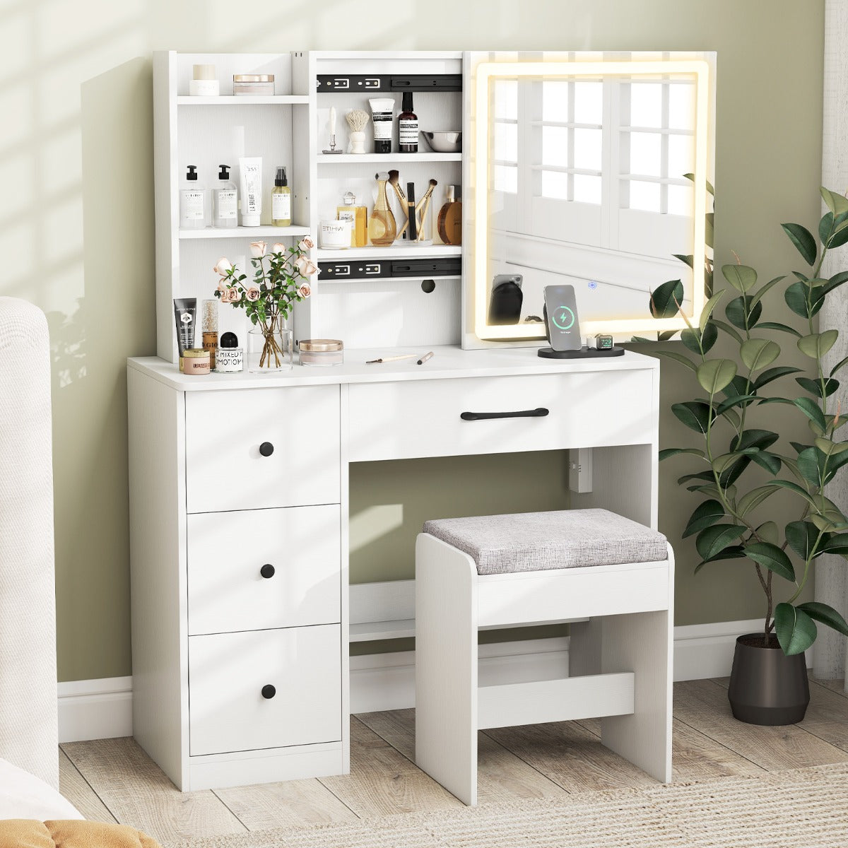 Makeup Table and Chair Set with 4 Drawers and Storage Shelves-White
