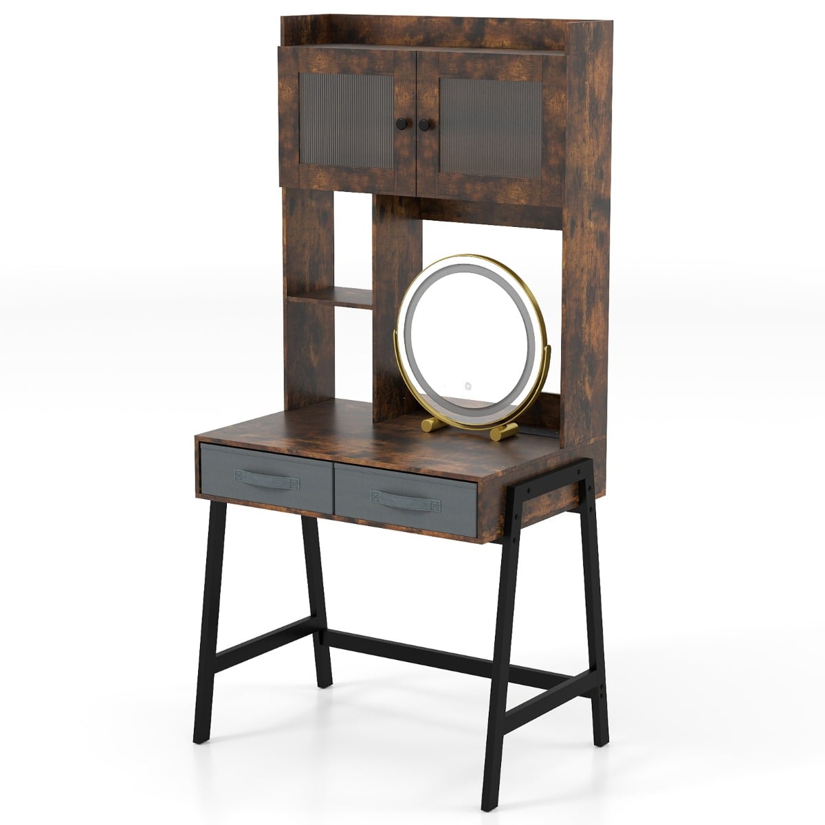 Makeup Vanity Desk with Rotating Mirror and Adjustable Light-Rustic Brown
