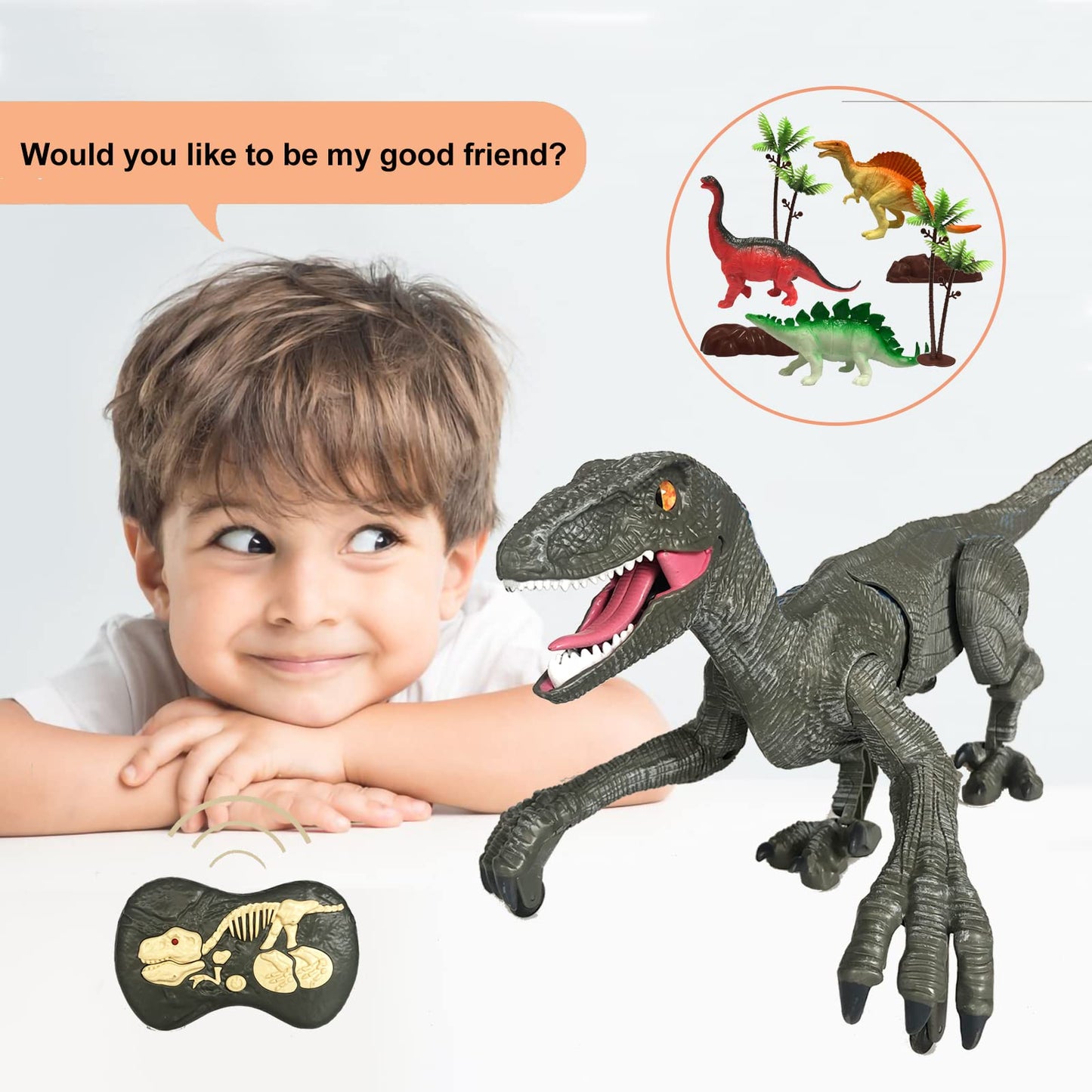 MAMABOO Remote Control Dinosaur Toy – 18.1-Inch Walking Velociraptor with Roar