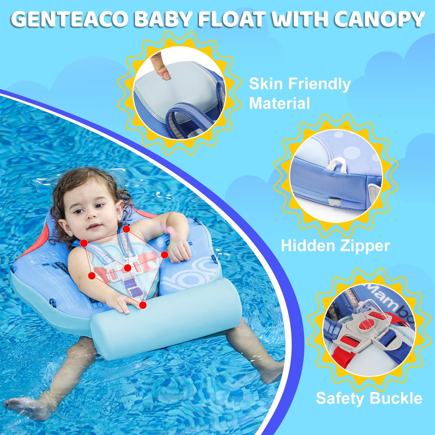 28°C Mambobaby Baby Float with Canopy & Tail – Non-Inflatable Pool Float for 3-24 Months (Blue)