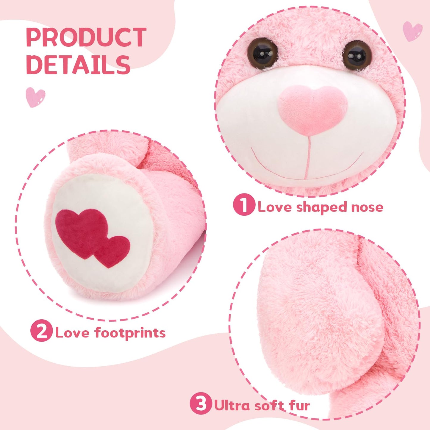 MaoGoLan Giant Pink Teddy Bear Plush 47 Inch – Heart Footprints & Heart Nose