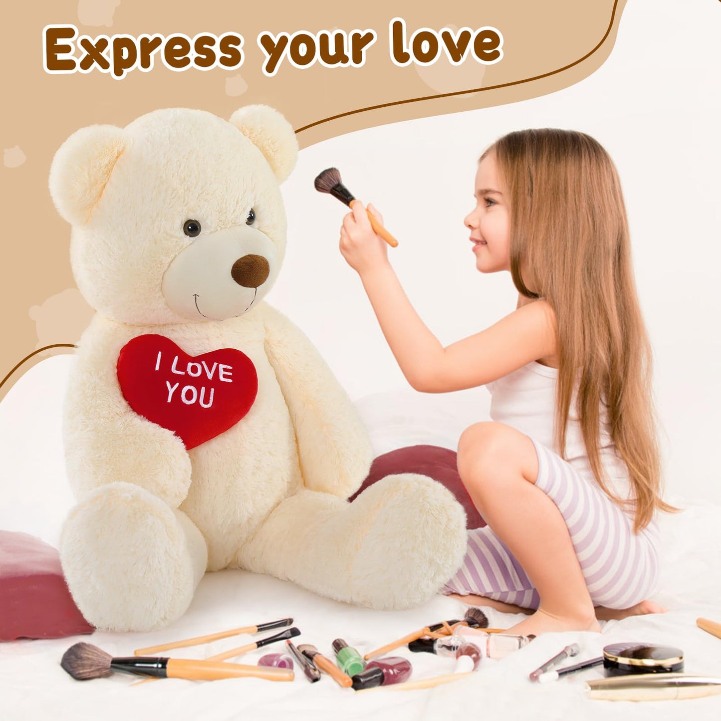 MaoGoLan Big Teddy Bear – 36-Inch White Plush with Velvet Heart