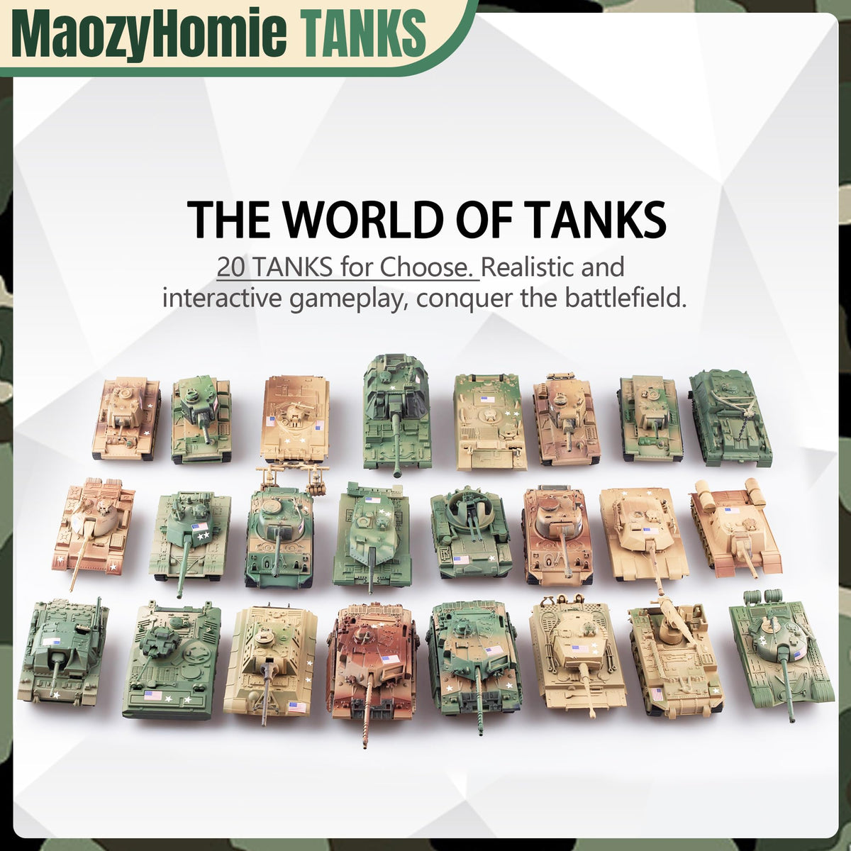 MaozyHomie WW2 Army Tank & Army Men Playset — 2 Tanks + 10 Soldiers, 1:72 Scale