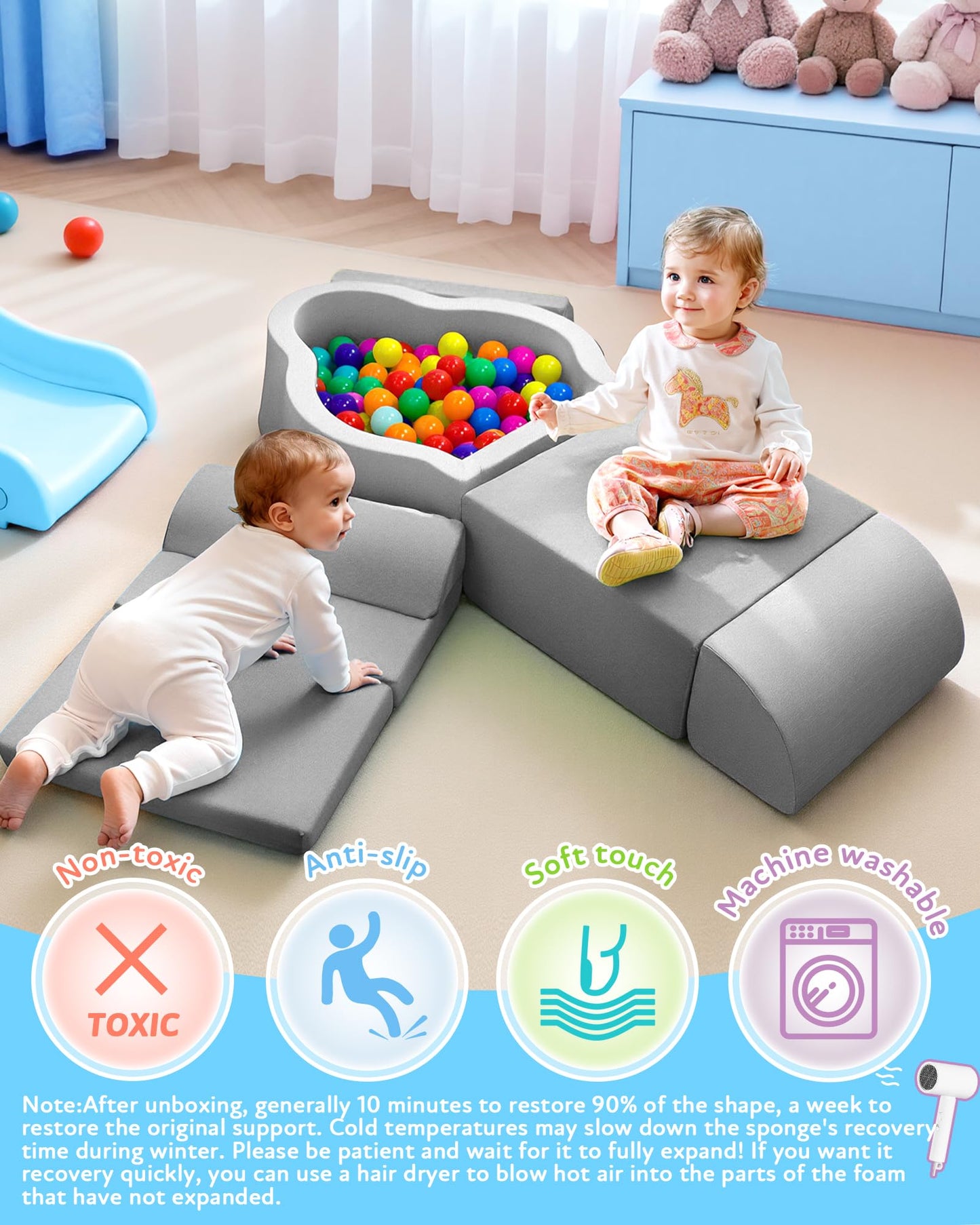 Markdang Soft Play Set: Baby Foam Climbing Blocks with Anti-Slip Base & Velcro Connectors (Grey)