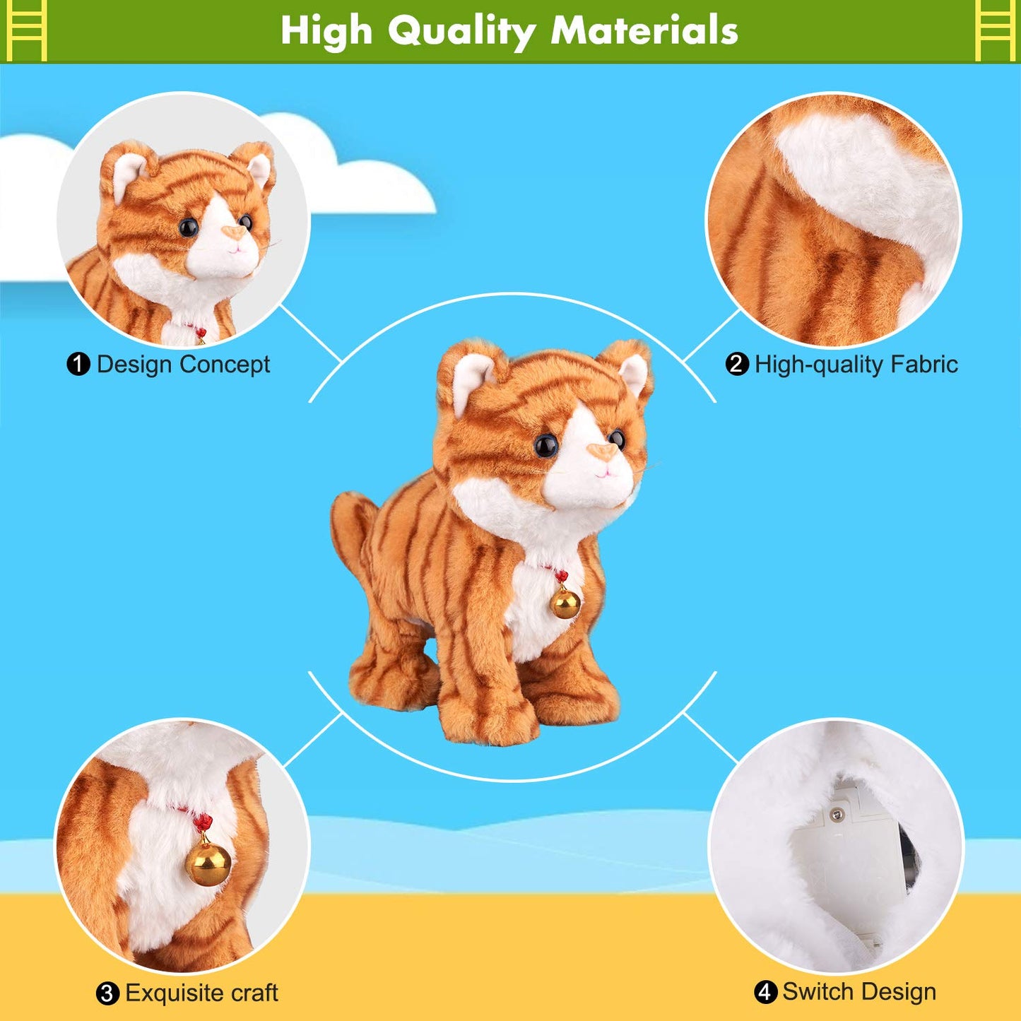 Marsjoy Pattern Yellow Plush Cat - Interactive Touch-Control Kitty Toy