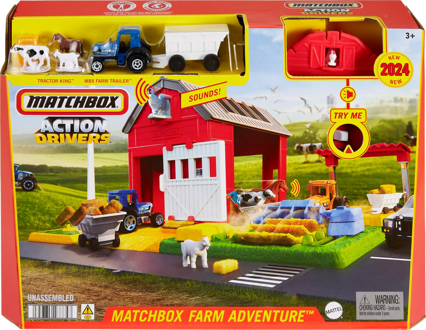 Matchbox Farm Adventure Playset - 1:64 Tractor, Trailer & Animals, 2 Hay Bales