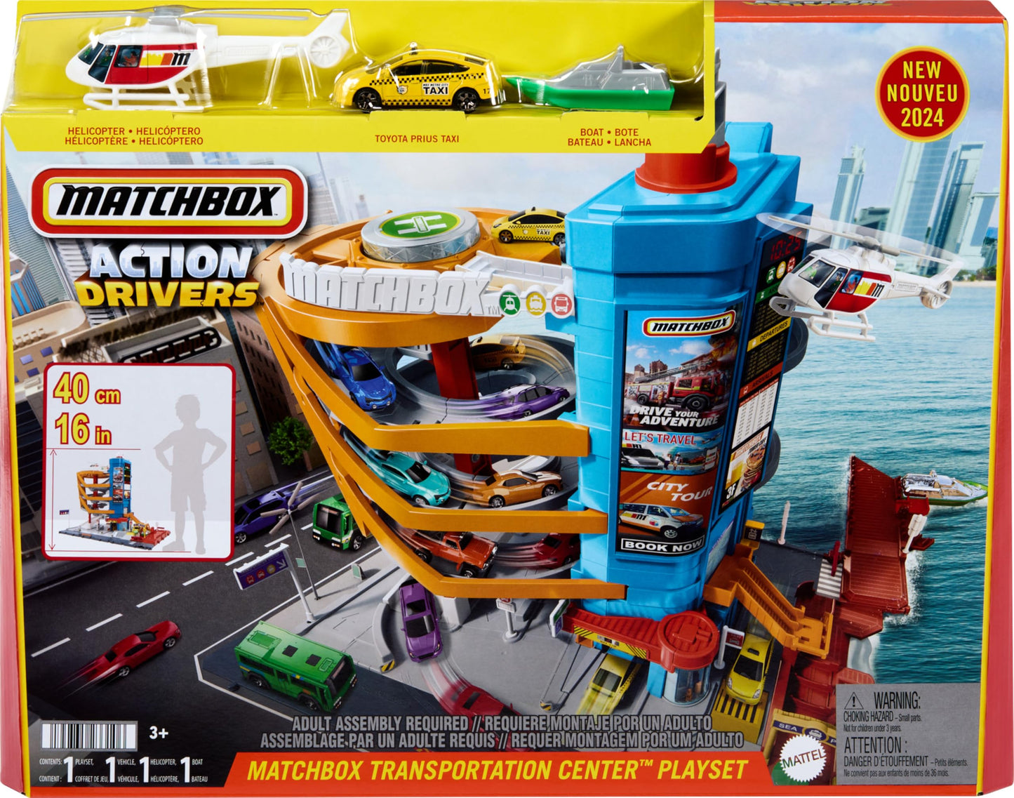 Matchbox Transportation Center – 5-Level Parking Garage with Helicopter, Boat & Taxi | 1:64 Vehicles
