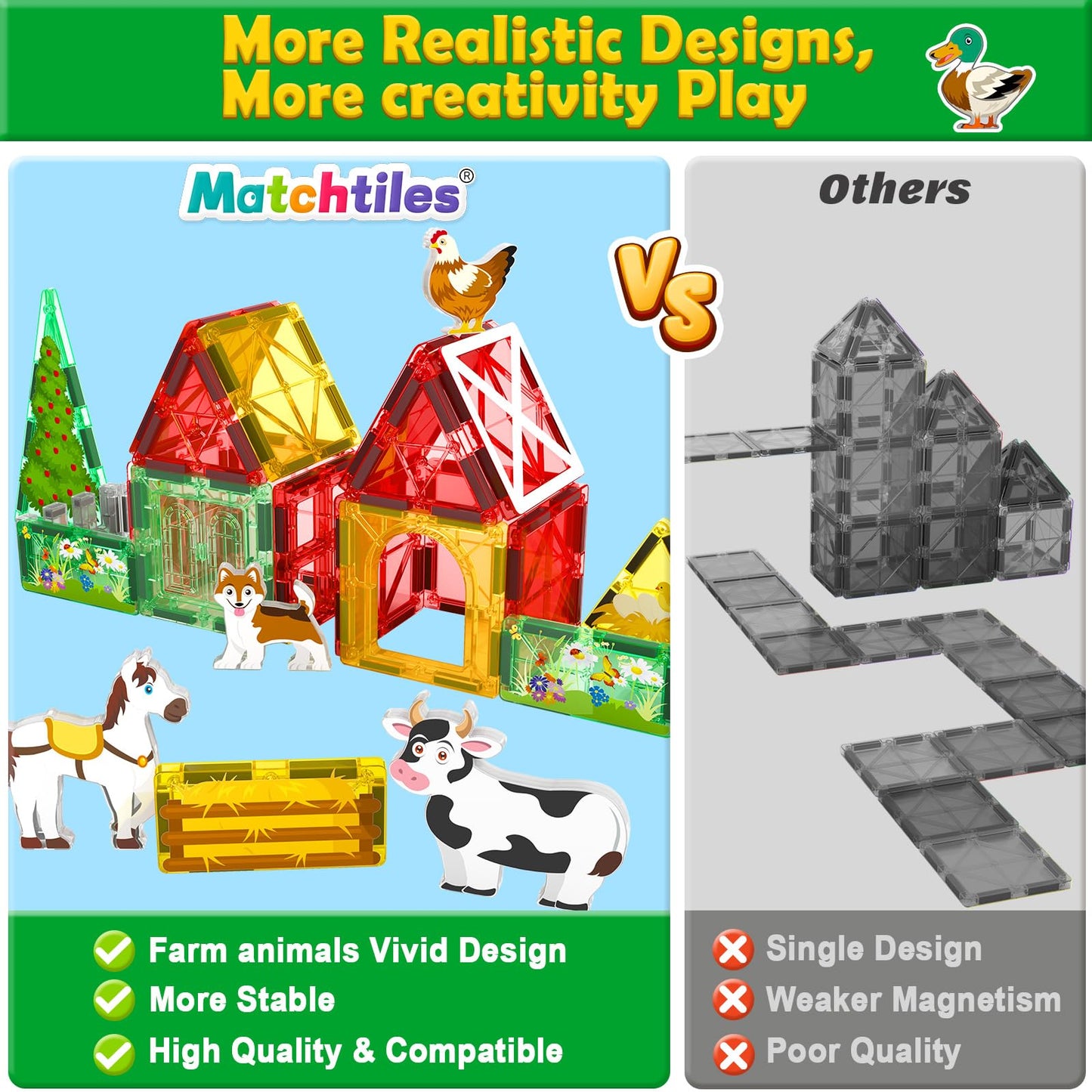 Matchtiles Magnetic Farm Animals Set – 3D Farm Building Blocks for Toddlers 3-5