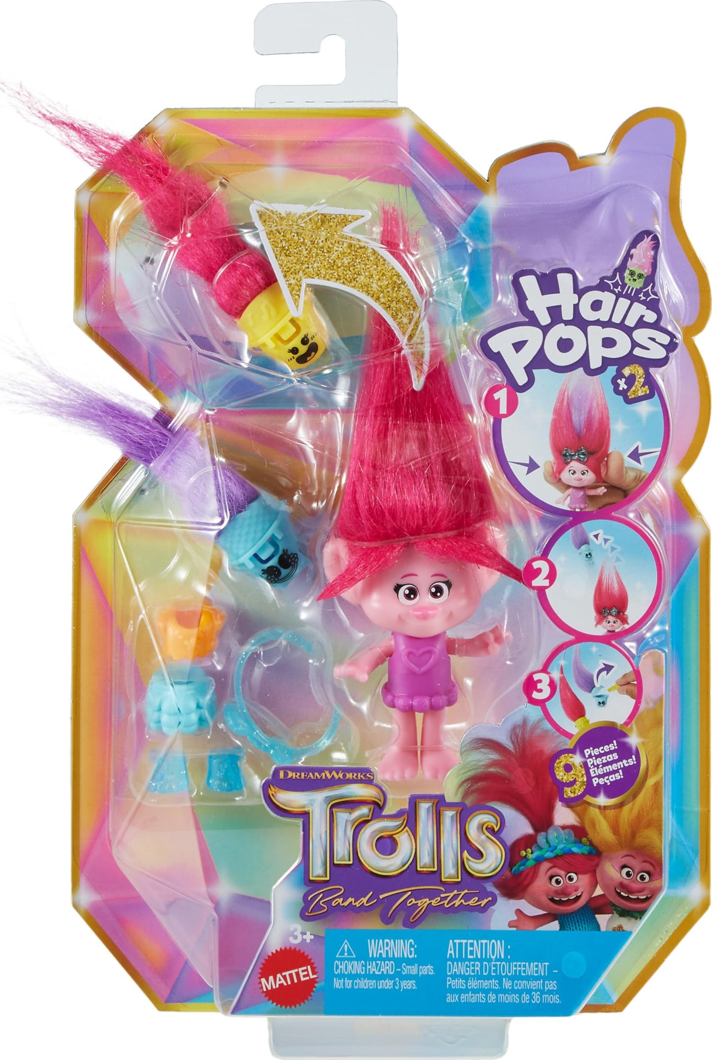 Mattel DreamWorks Trolls Band Together Hair Pops Queen Poppy Small Doll with Removable Clothes & Surprise Accessories