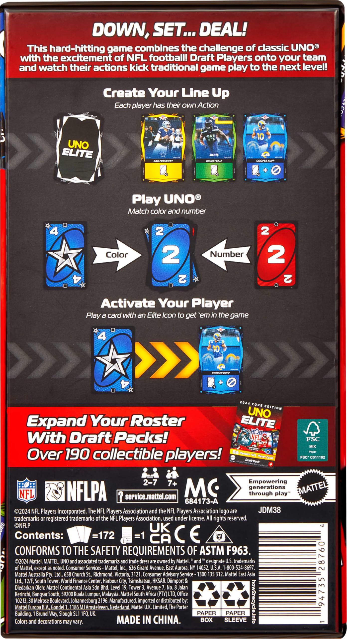 UNO Elite NFL Core Edition 2024 – Mattel Games | 4 Collectible Foil Cards